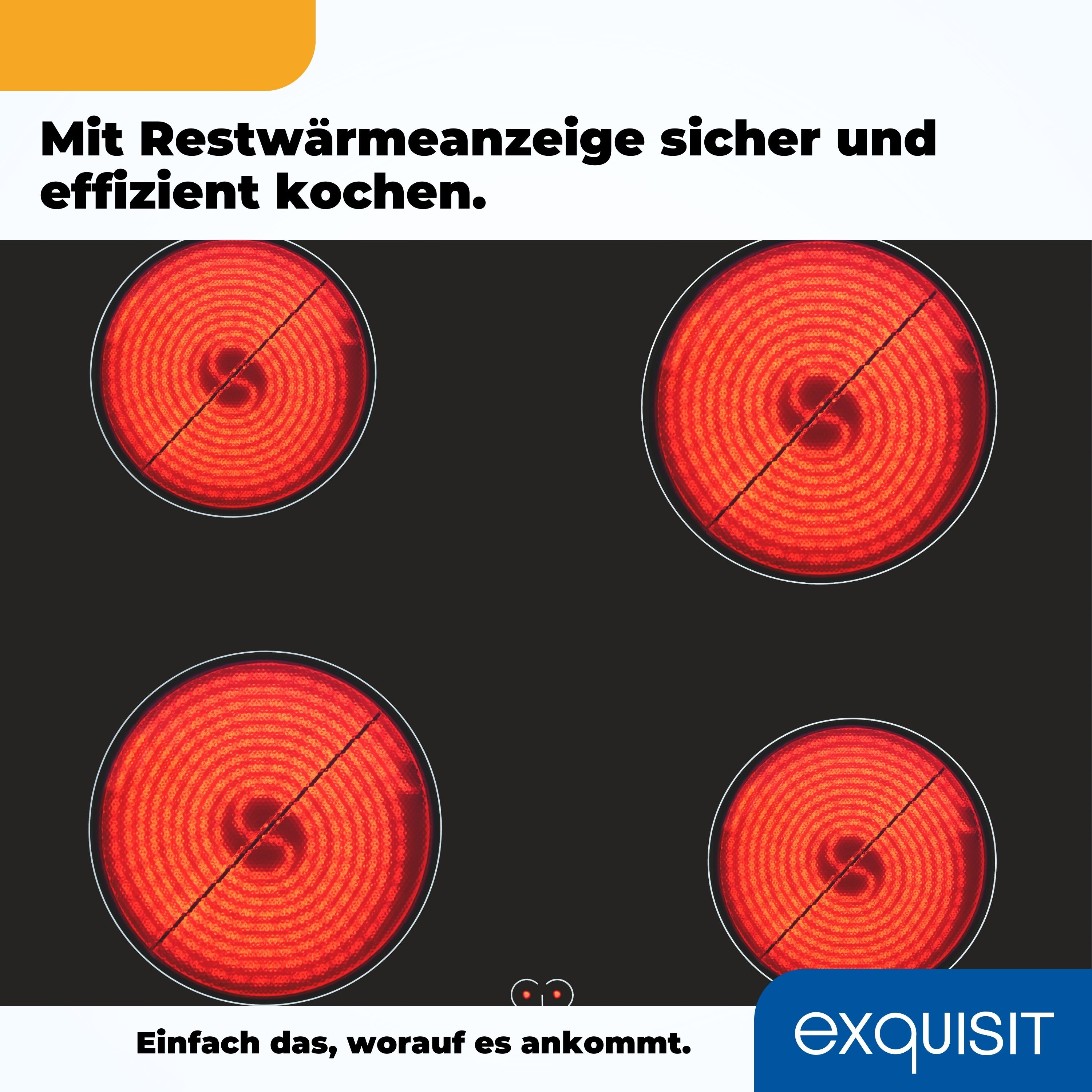 Nahaufnahme eines schwarzen Kochfelds mit vier roten Heizelementen.