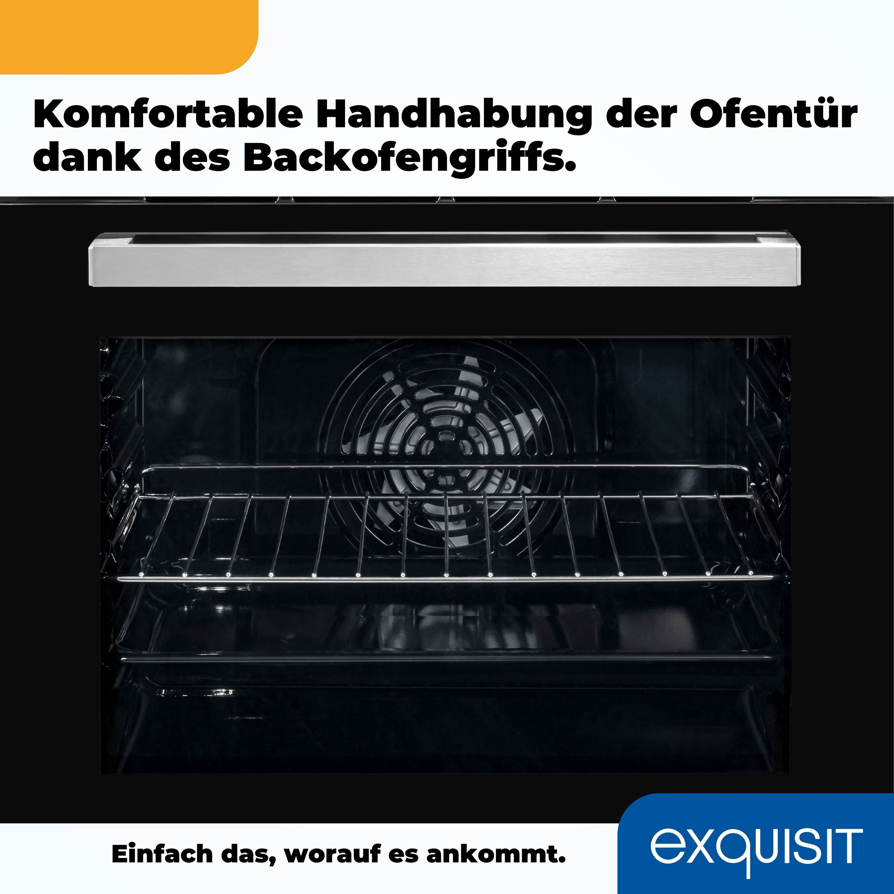 Offener Ofen mit Edelstahlgriff. Innen ein Rost mit Ventilator.