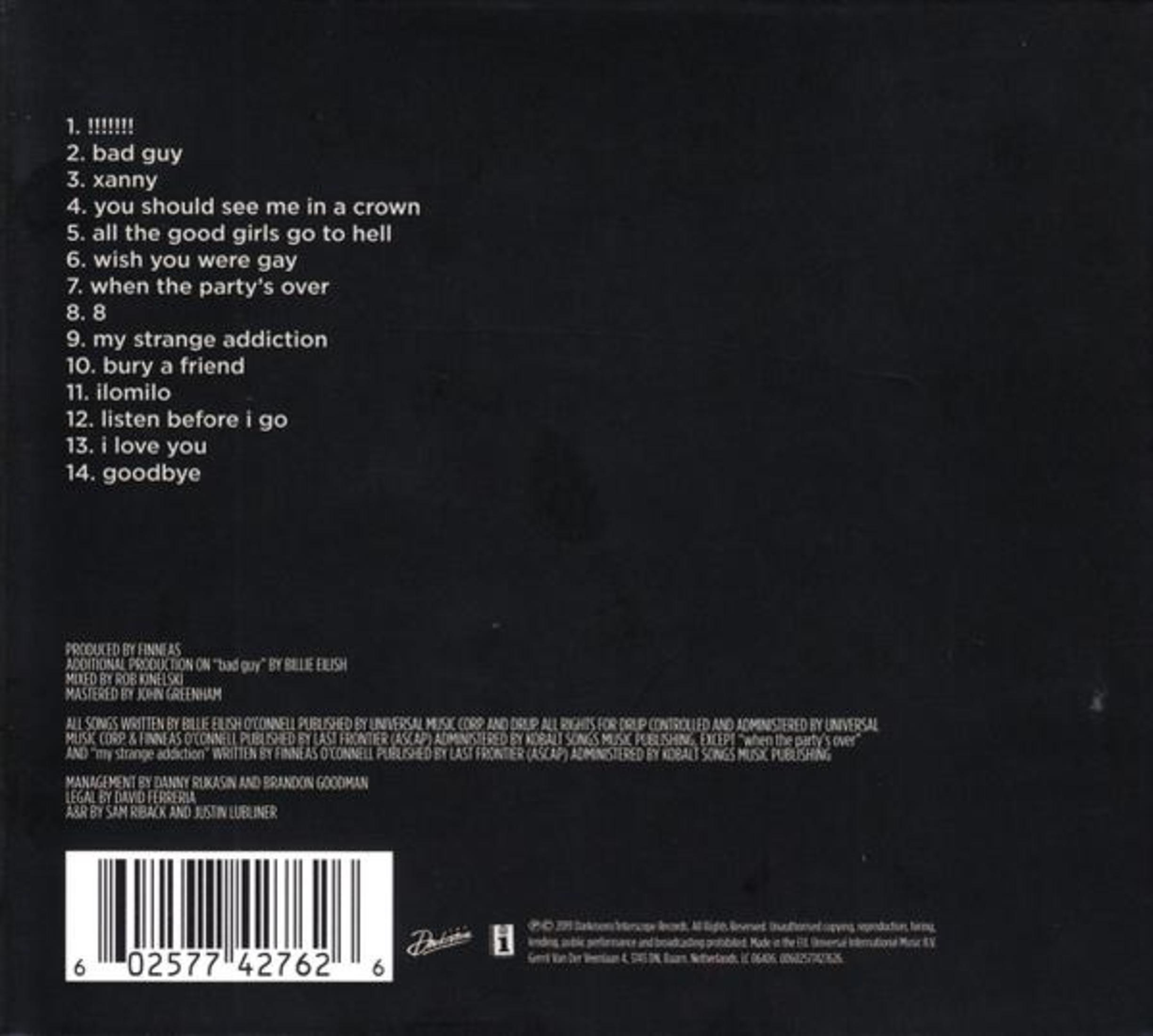 Retro di un album con un elenco di canzoni di Billie Eilish. Include titoli delle canzoni, crediti e informazioni sul codice a barre.