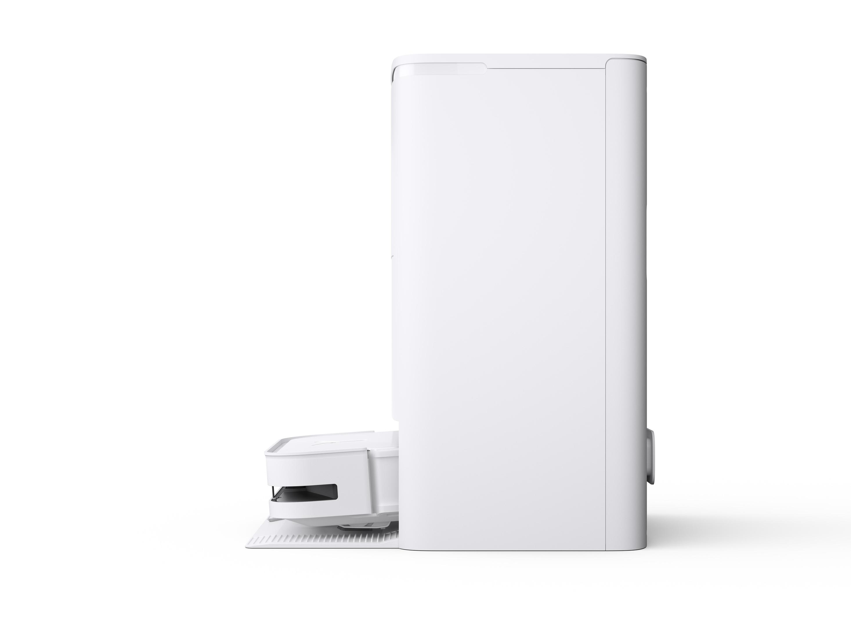 Biały odkurzacz automatyczny i stacja dokująca na białym tle, widok z profilu.