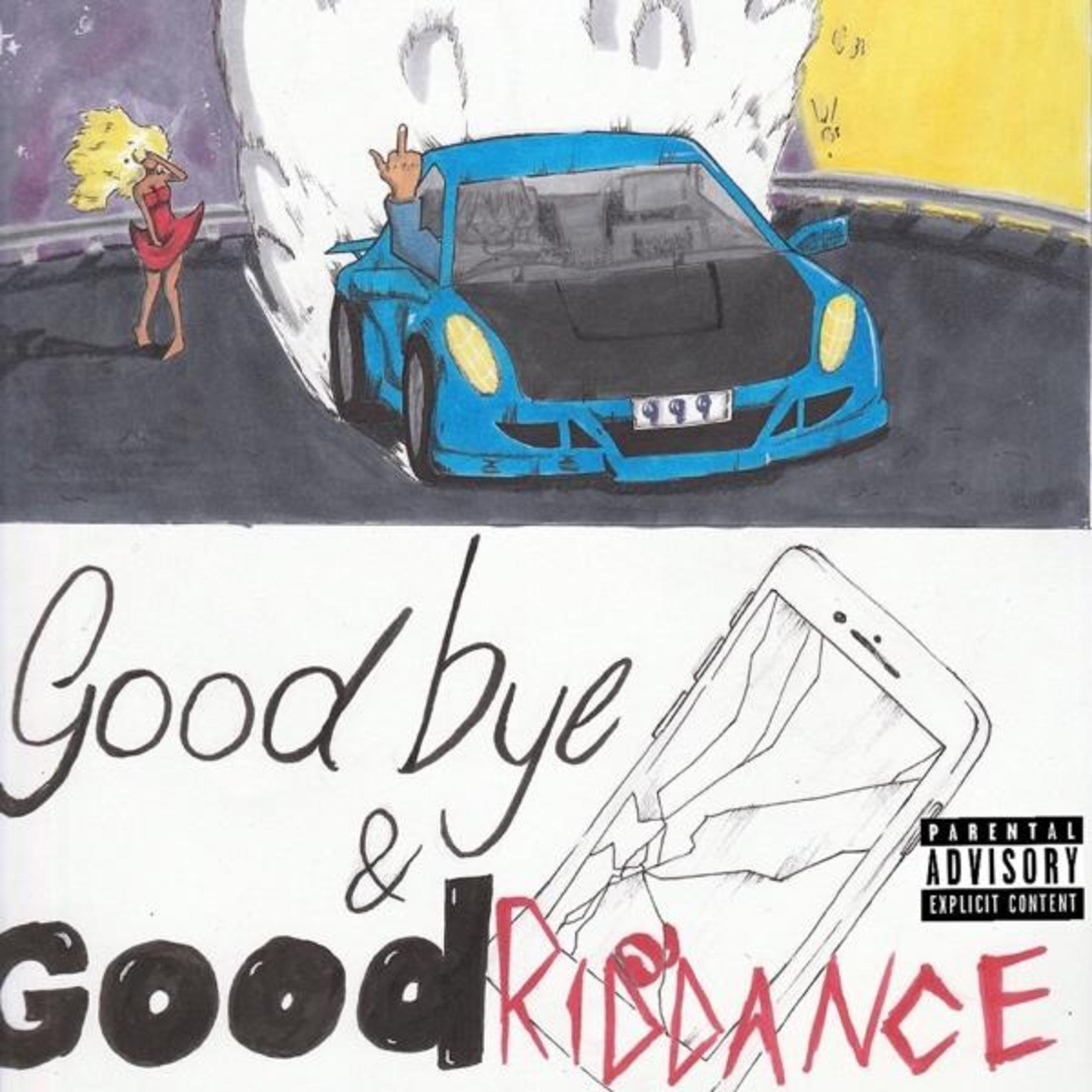 Copertina dell'album con scena a fumetti. Un'auto blu, una donna bionda, un telefono rotto e testo: 'Goodbye & Good Riddance'.