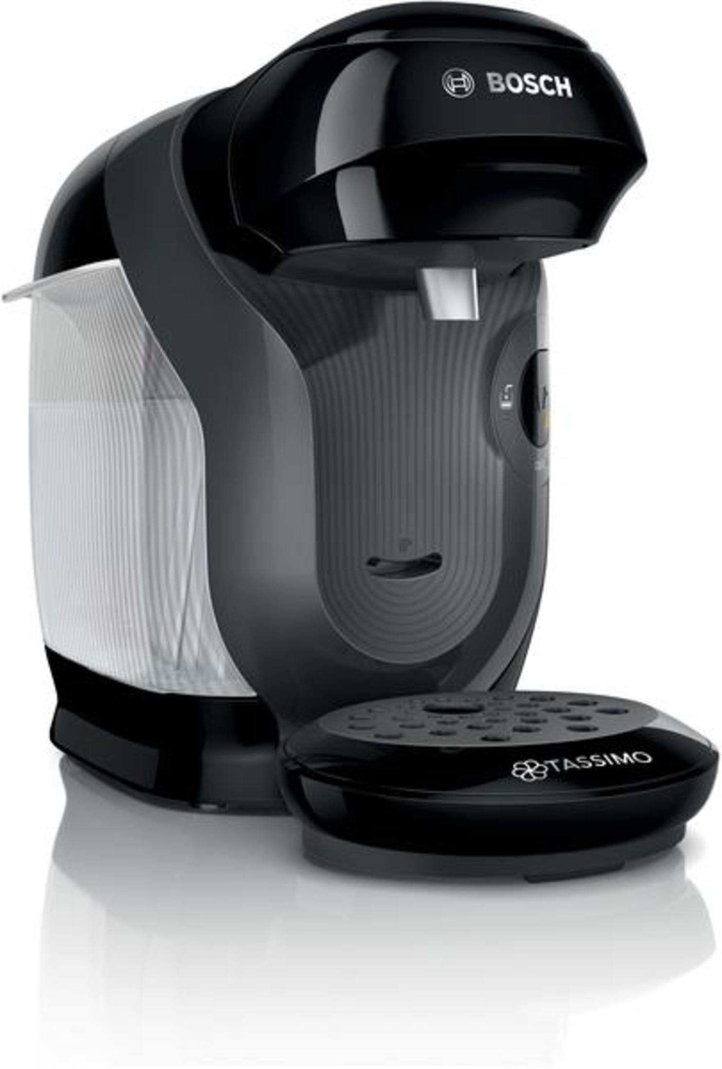 Macchina da caffè Bosch Tassimo nera con portacapsule e logo Tassimo.
