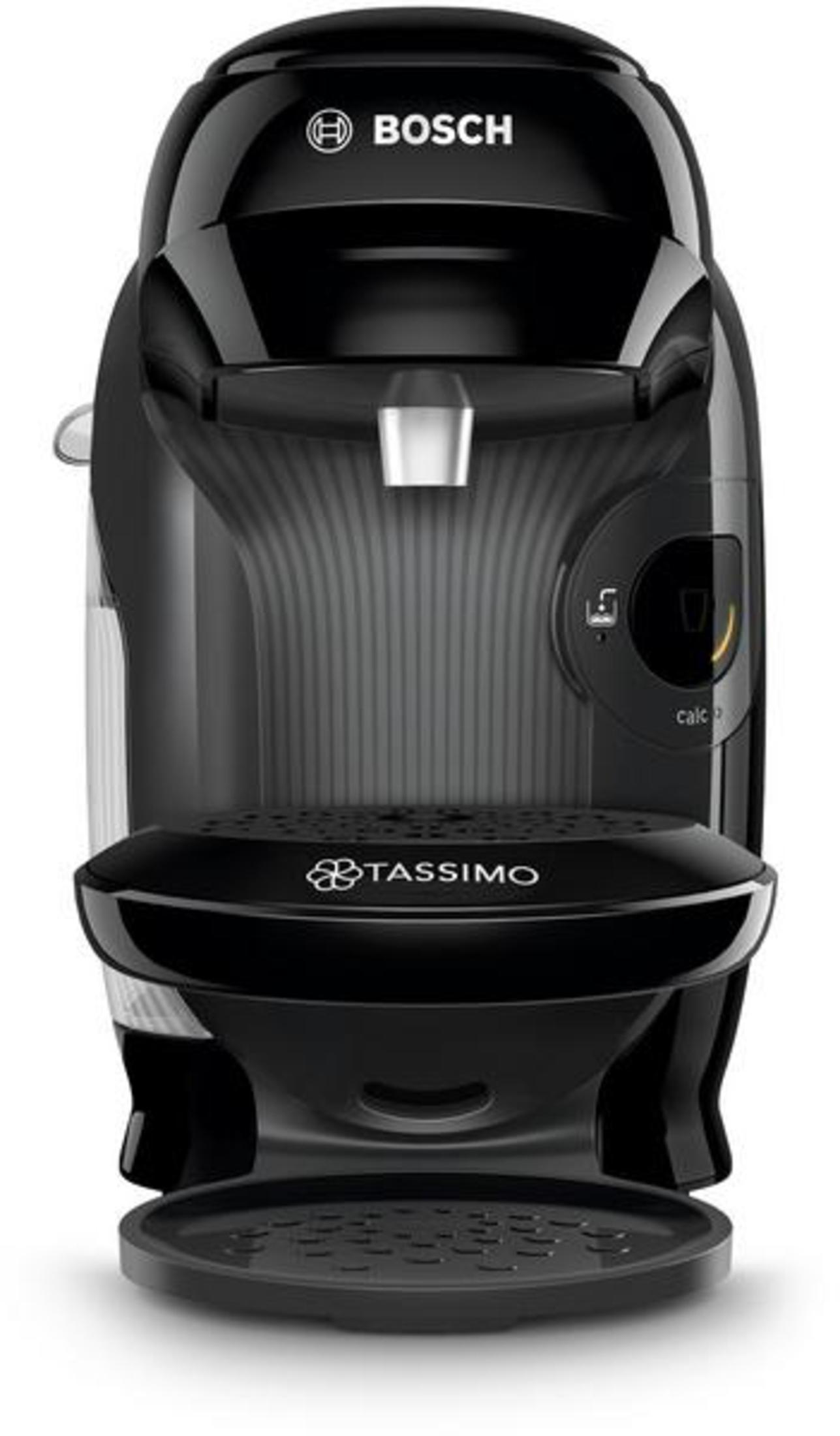 Macchina da caffè Bosch Tassimo nera su sfondo bianco, con portabicchieri e serbatoio dell'acqua.