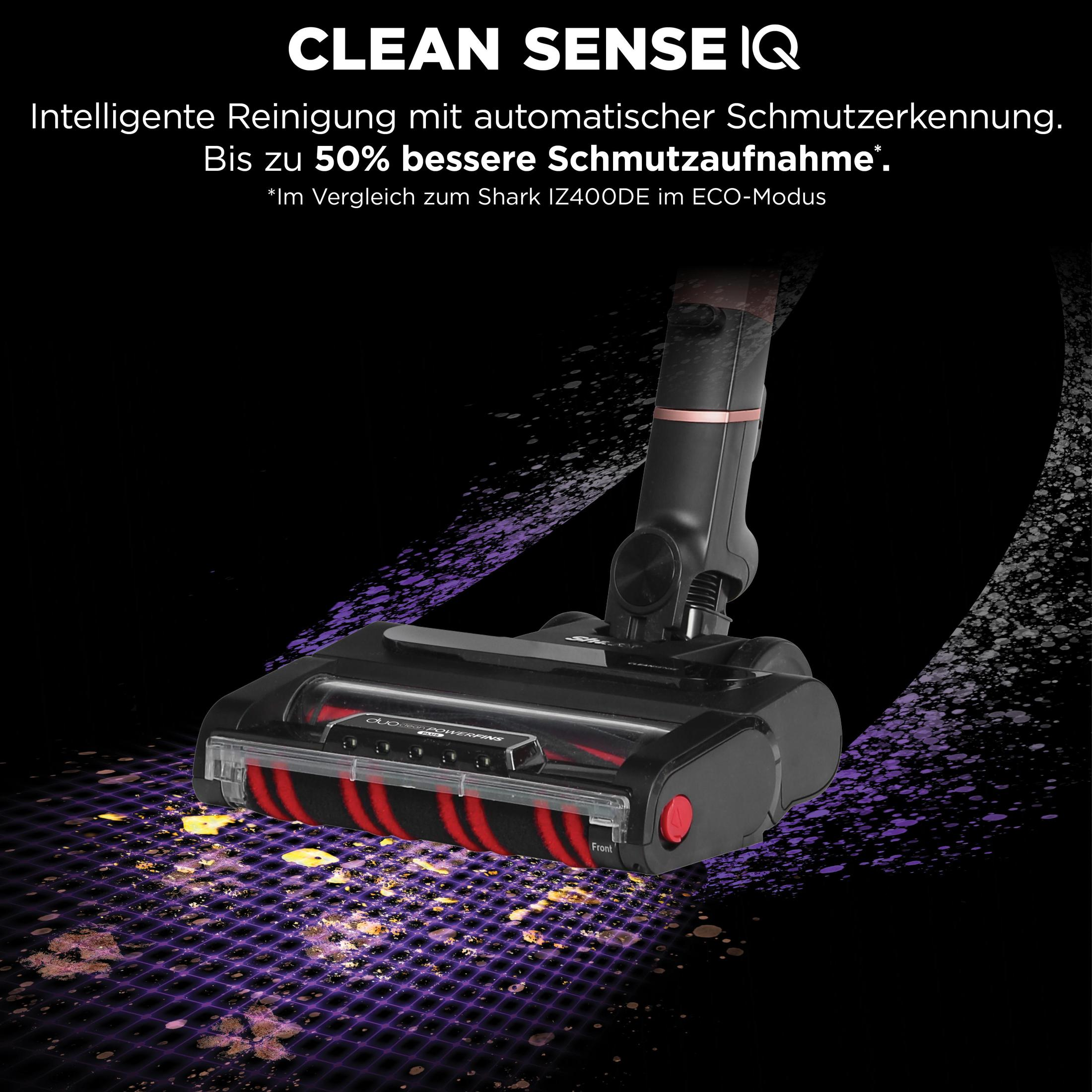 Cabezal de aspiradora negro con rodillo rojo, limpiando restos morados. Texto: Clean Sense IQ.