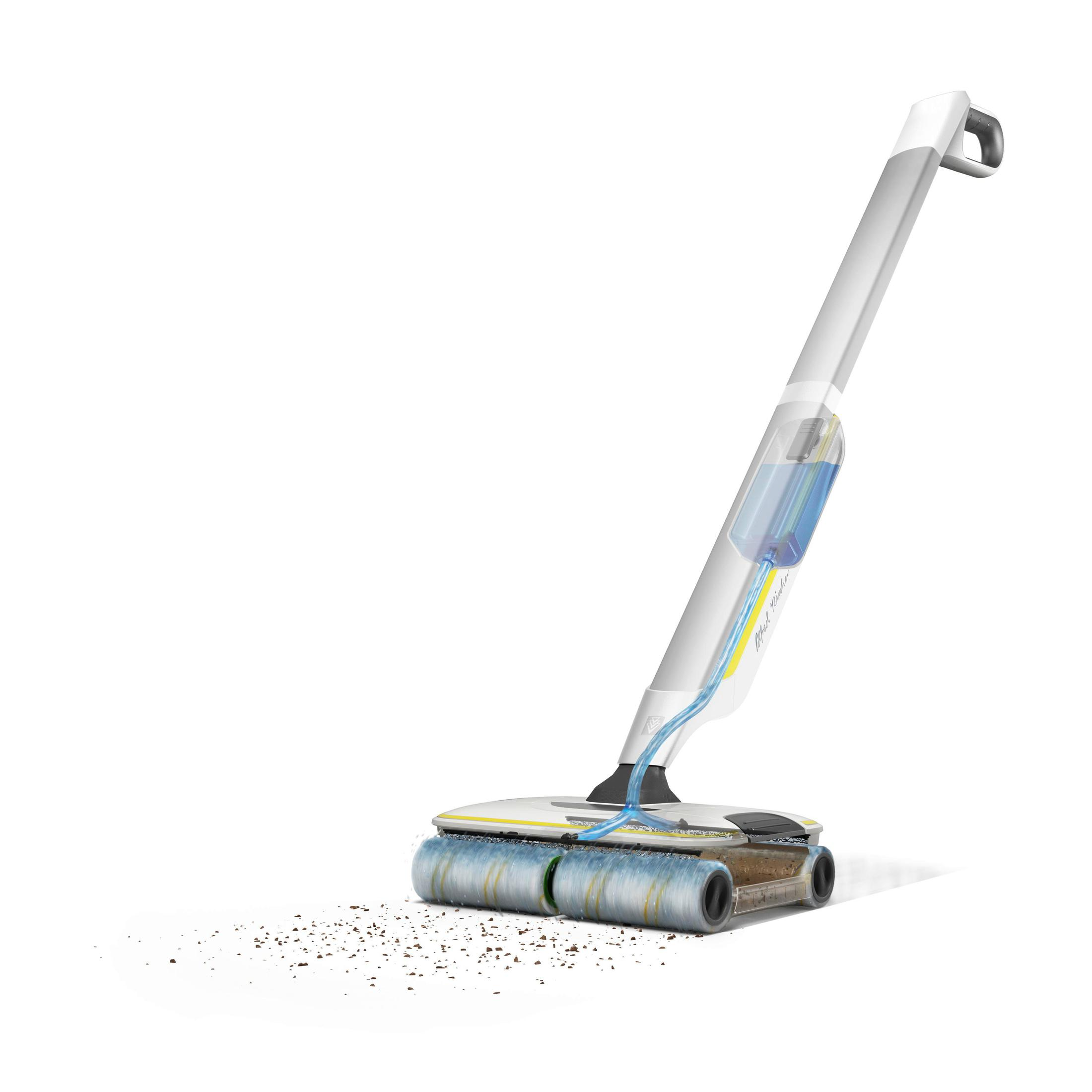 Un pulitore per pavimenti bianco e grigio con serbatoio di liquido blu e spazzole.