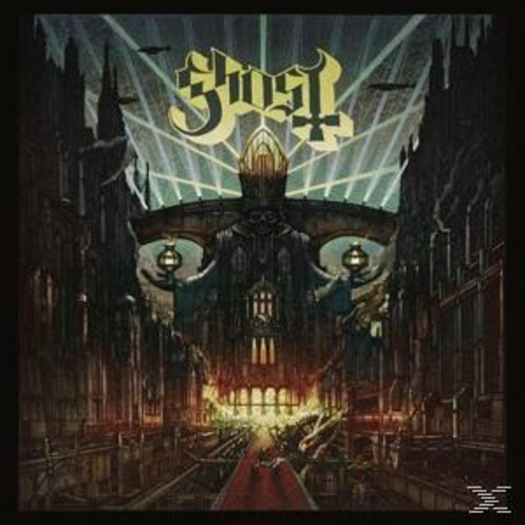 Albumhoes: Zwart-wit illustratie van een kathedraal met de tekst 'Ghost'.