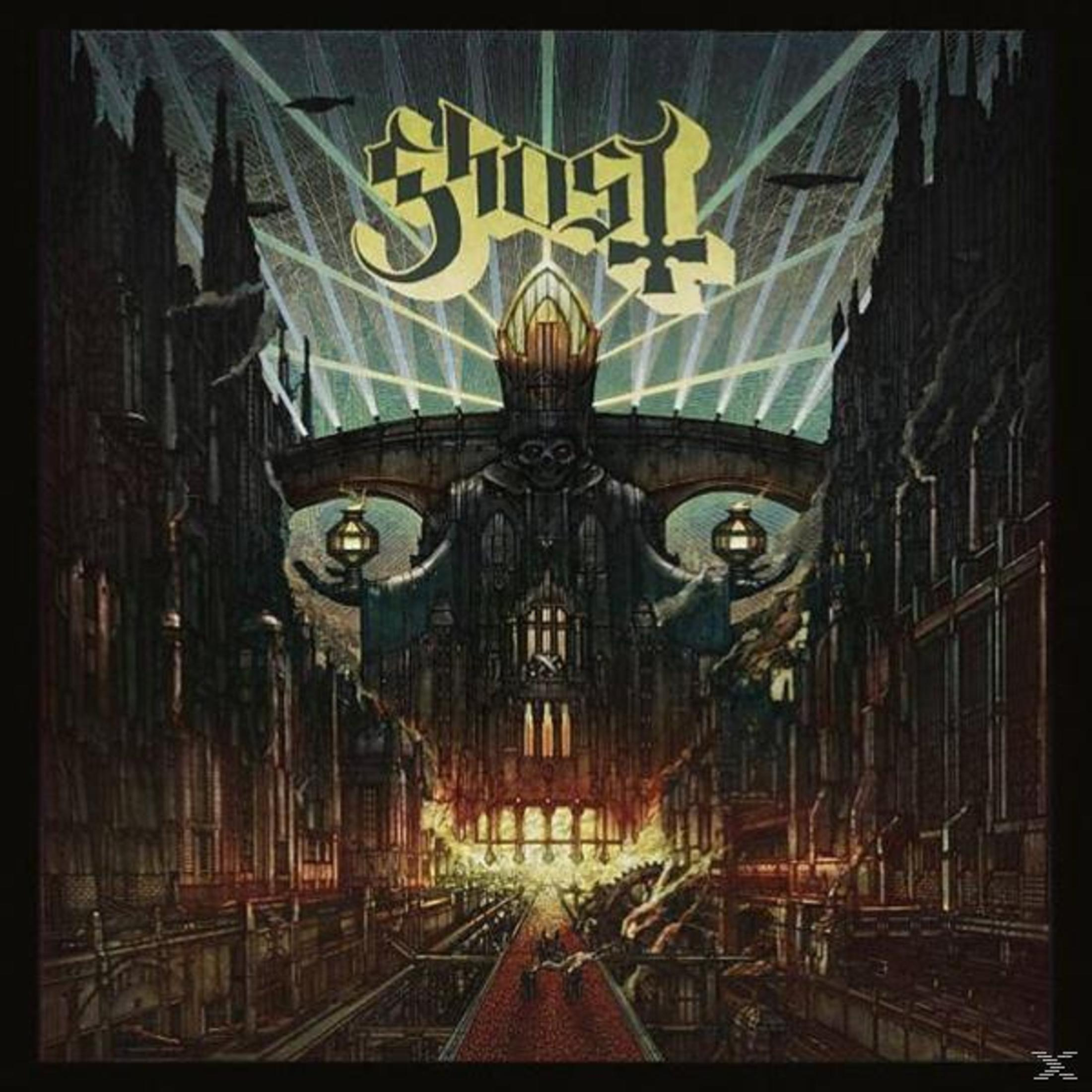 Albumhoes: een gotische afbeelding met een gedetailleerde schedelachtige structuur en een rode loper. De artiest is Ghost.