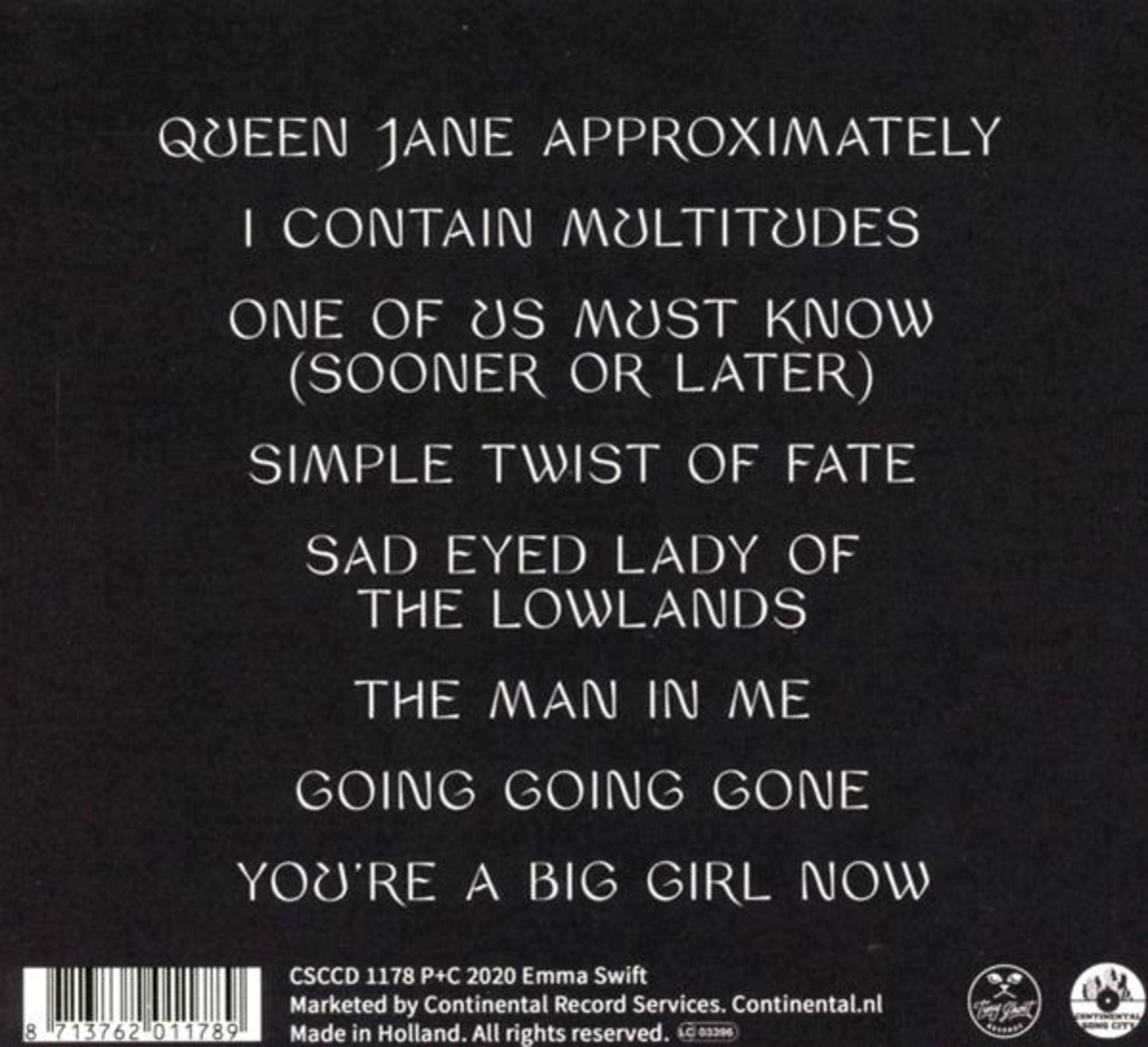 Achterkant van een album met songtitels. Tekst: Queen Jane Approximately, I Contain Multitudes en Sad Eyed Lady of the Lowlands.