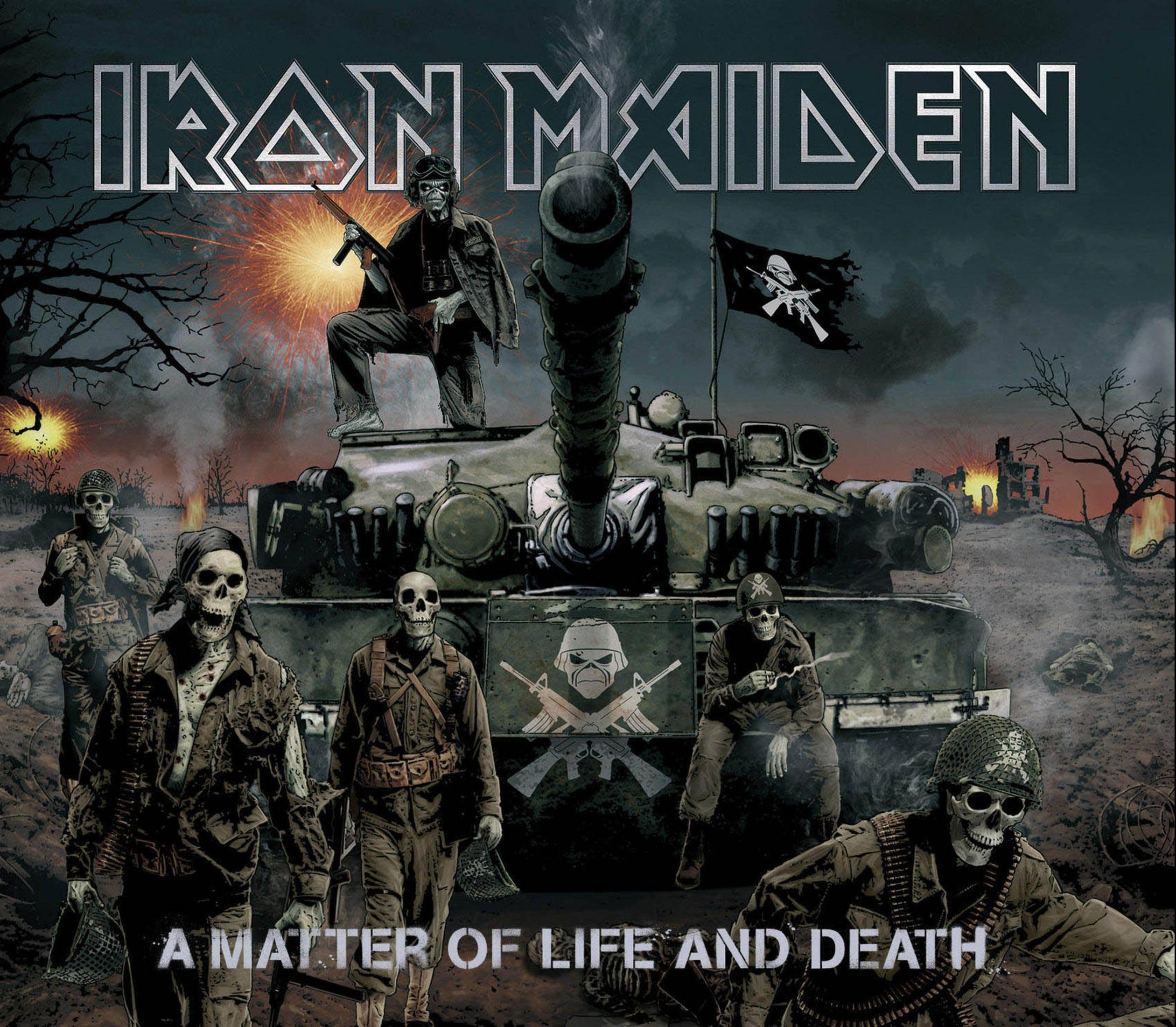 Copertina dell'album con un carro armato, soldati con teschi e il titolo 'A Matter of Life and Death'.