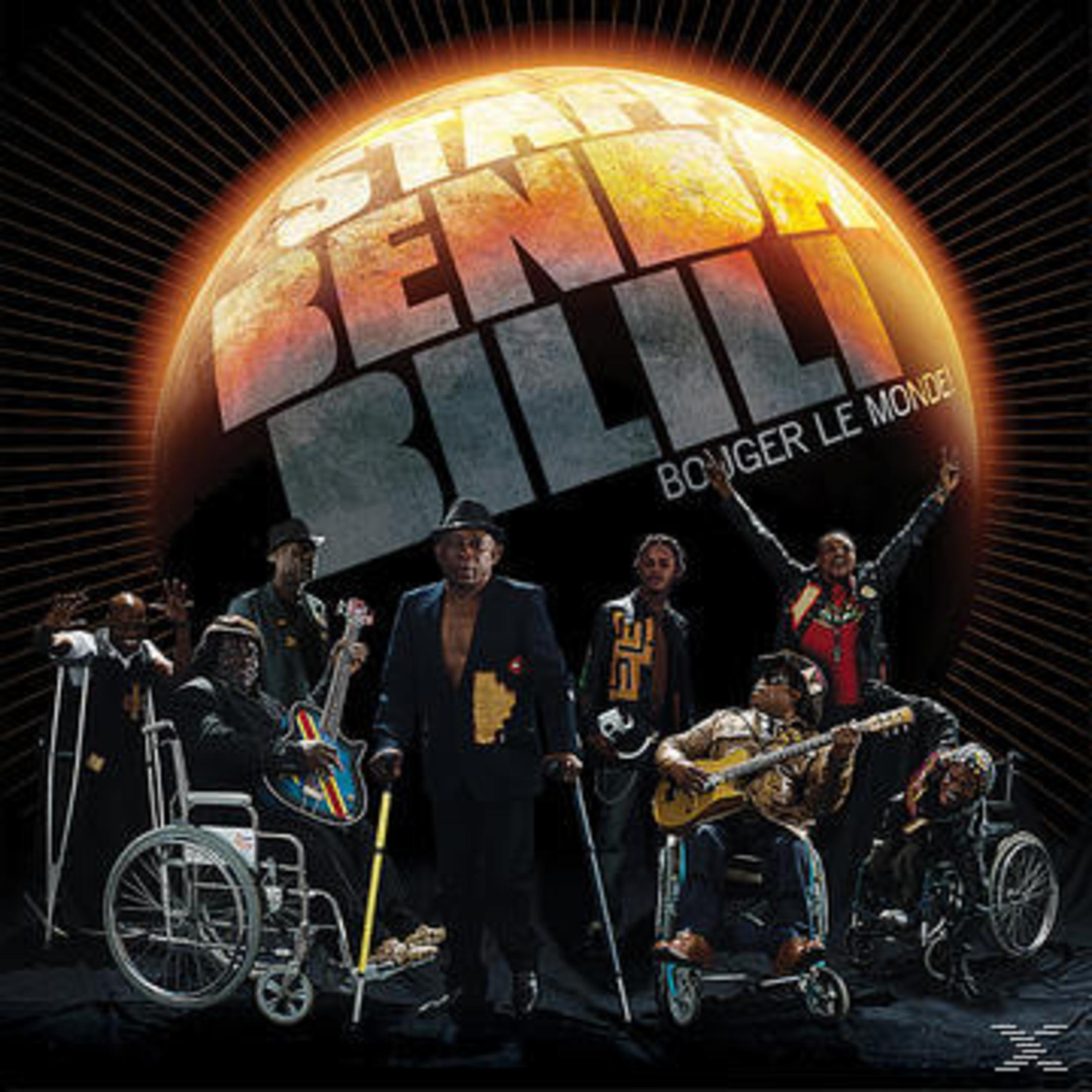 Albumhoes van een band in rolstoelen, met een wereldbol. Titel: Star Feminine Band. Tekst: Bouger le Monde!
