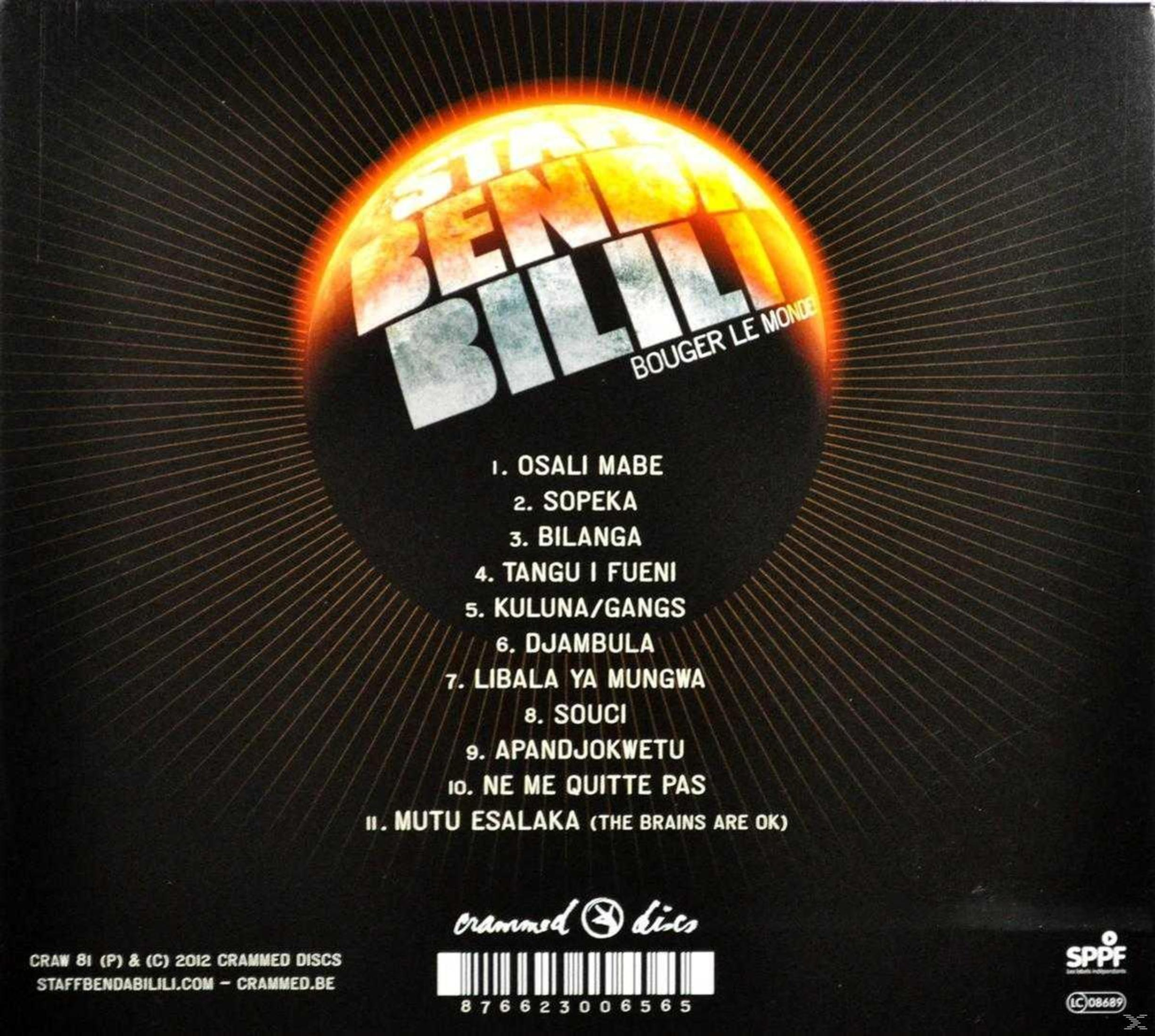 De achterkant van het Staff Benda Bilili album. Tracklist en logo zijn zichtbaar.