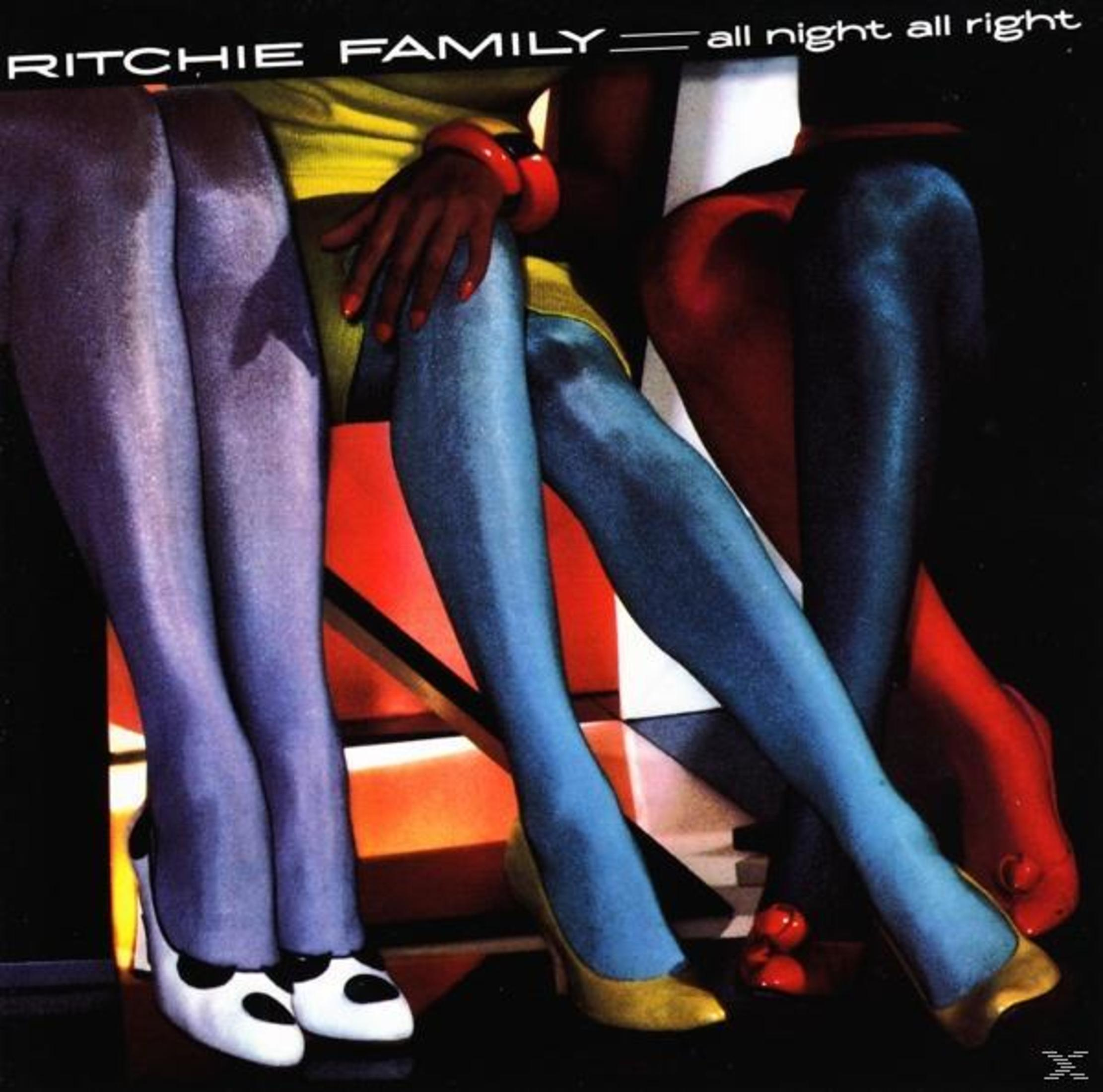Albumhoes met benen in kleurrijke panty's, hoge hakken. De titel luidt "Ritchie Family - All Night All Right".