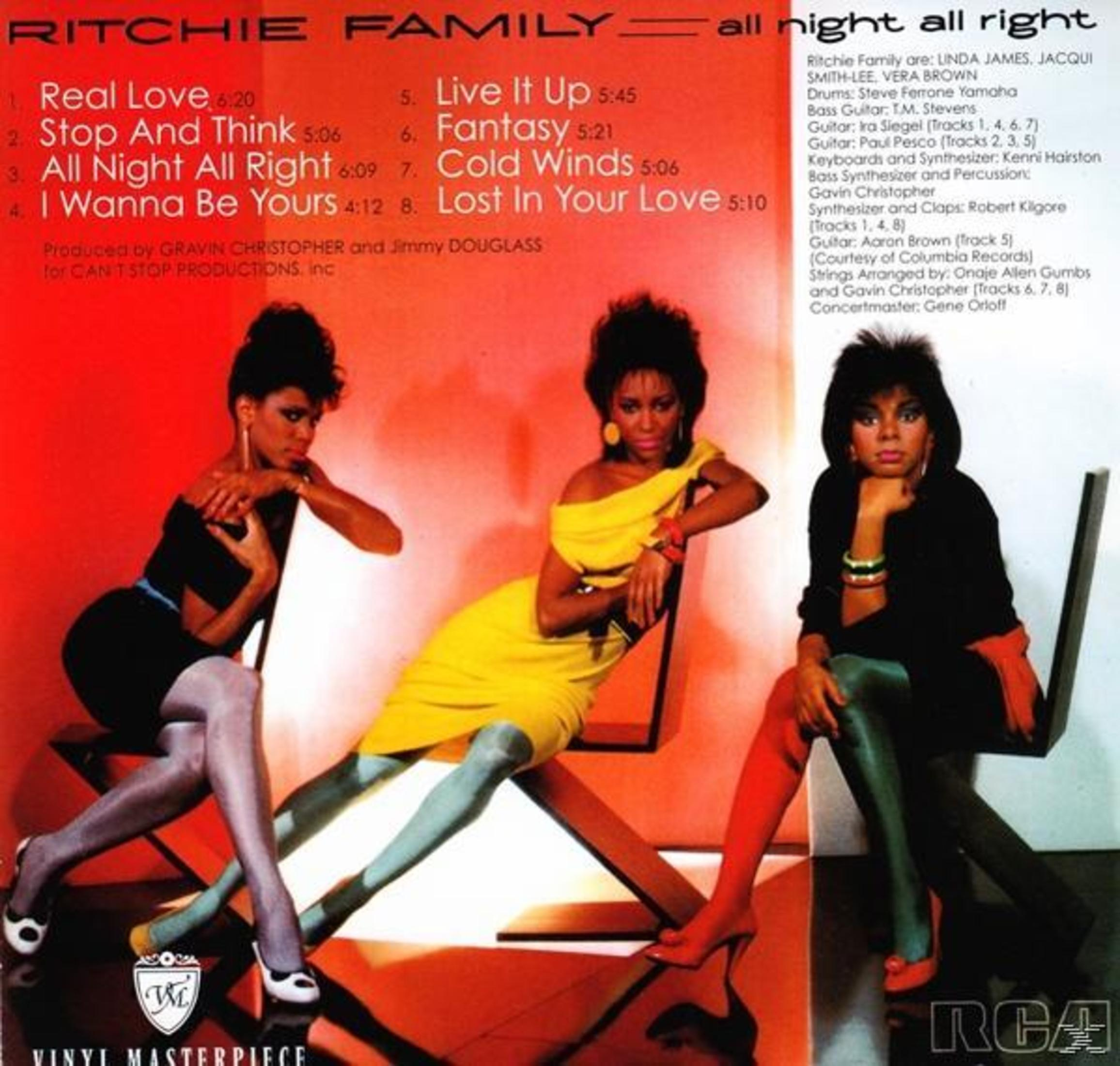 Albumhoes met drie vrouwen. Tekst: Ritchie Family, All Night All Right en een RCA-logo.