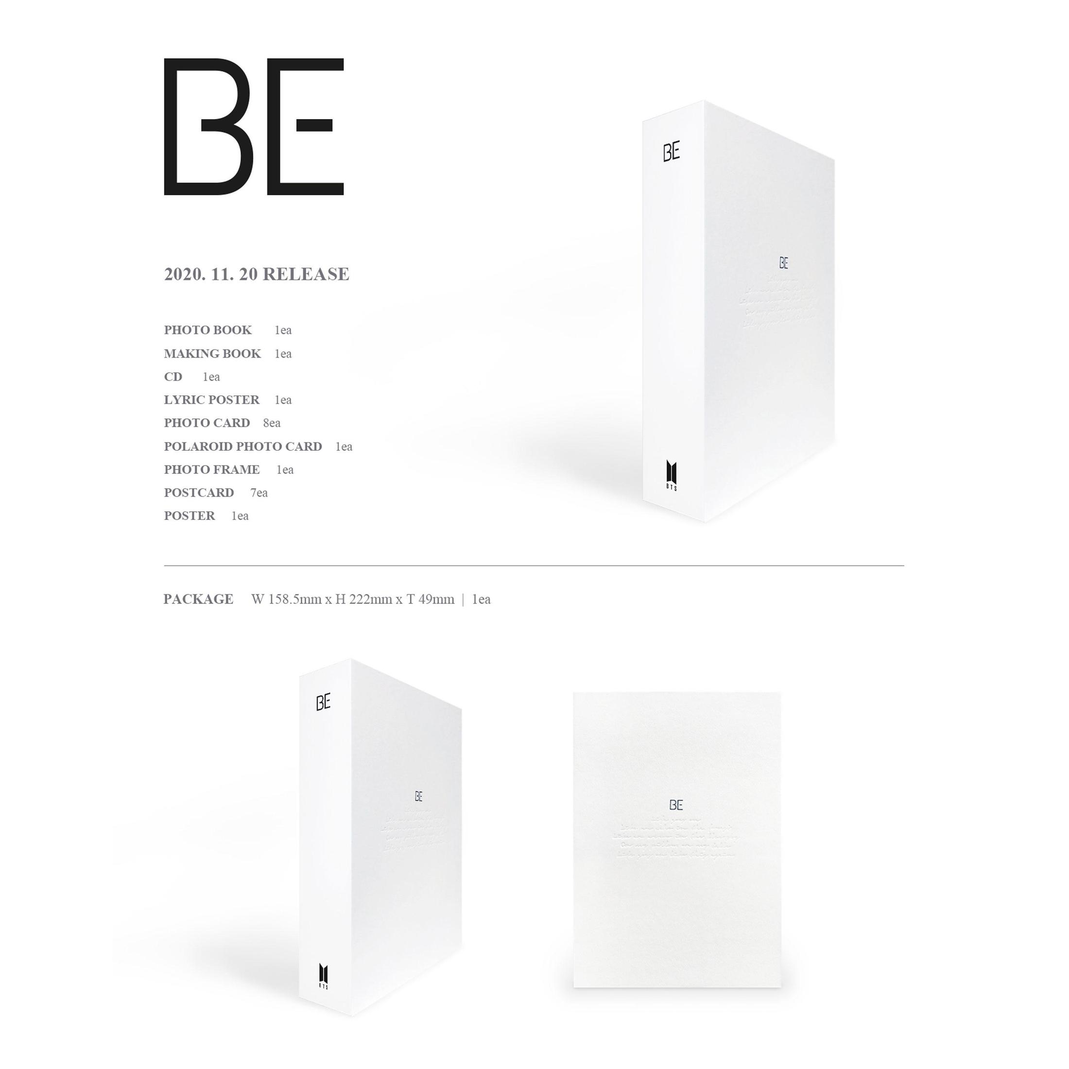 Witte albumhoes, 'BE' in zwarte tekst. Bevat een fotoboek, een maakboek, cd, songtekstposter, fotokaart, frame, ansichtkaart, poster.