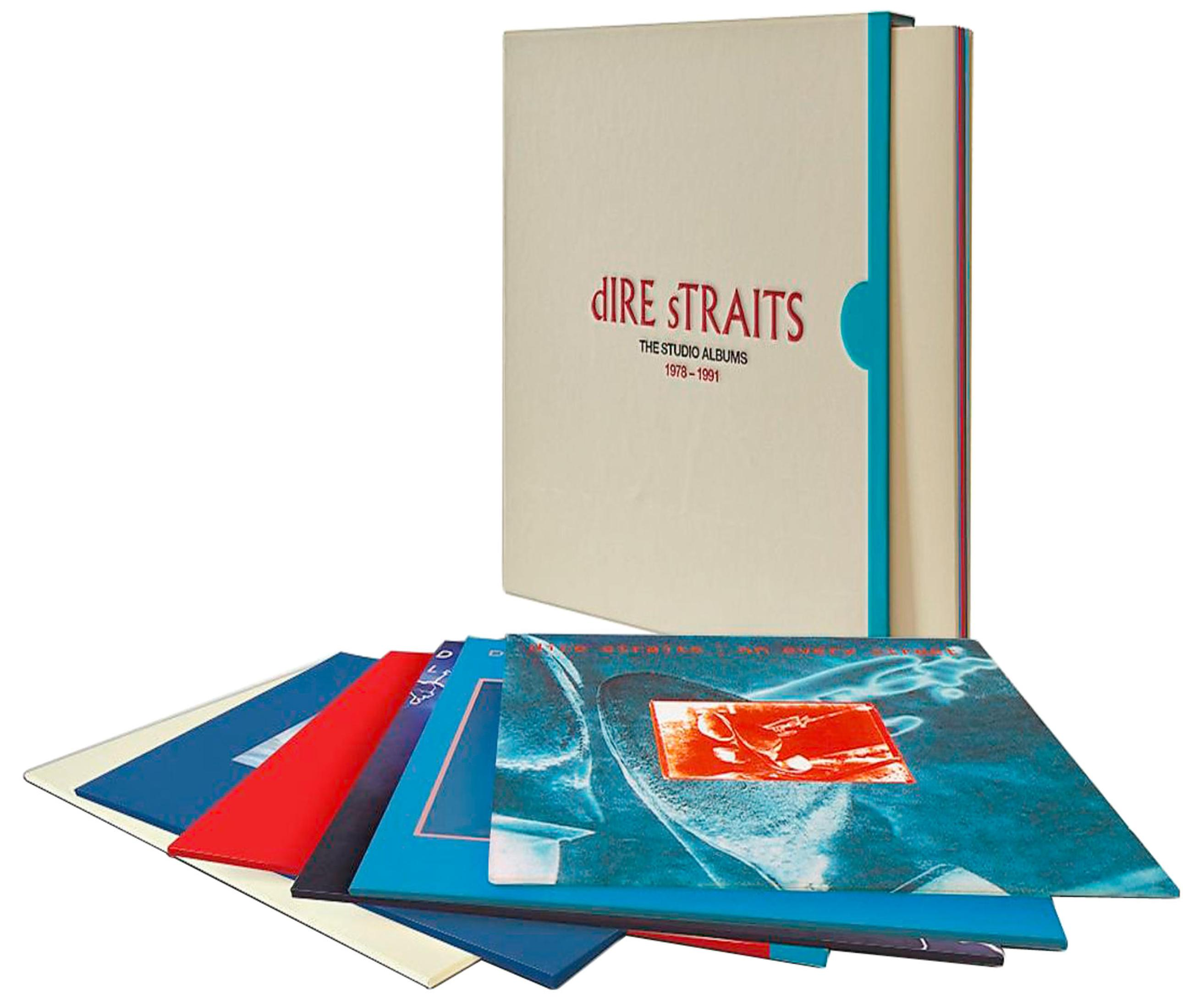 Set di album, Dire Straits, album in studio 1978-1991. Copertine degli album davanti a un cofanetto.