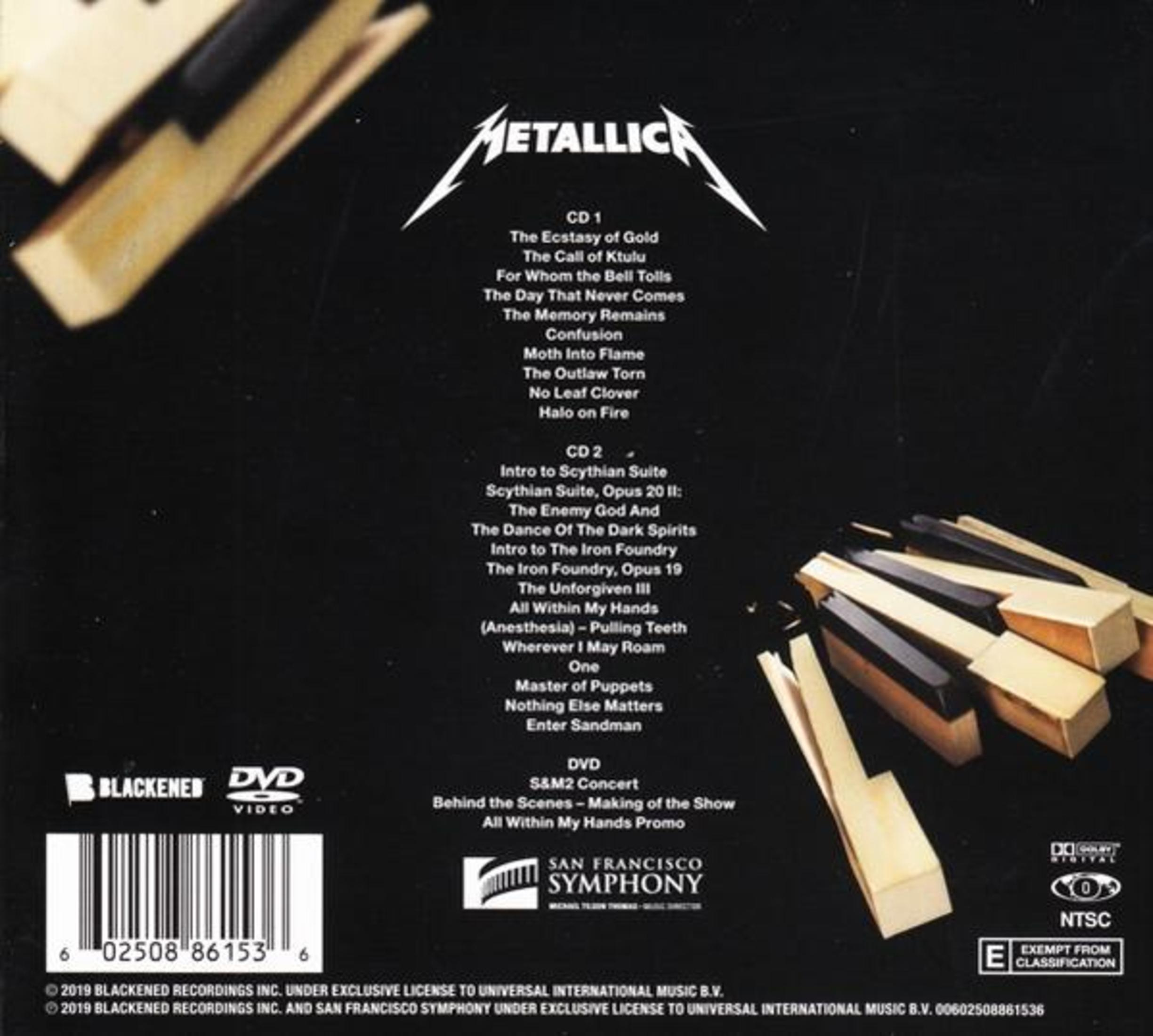 Retro copertina dell'album dei Metallica con titoli delle canzoni e logo della band.