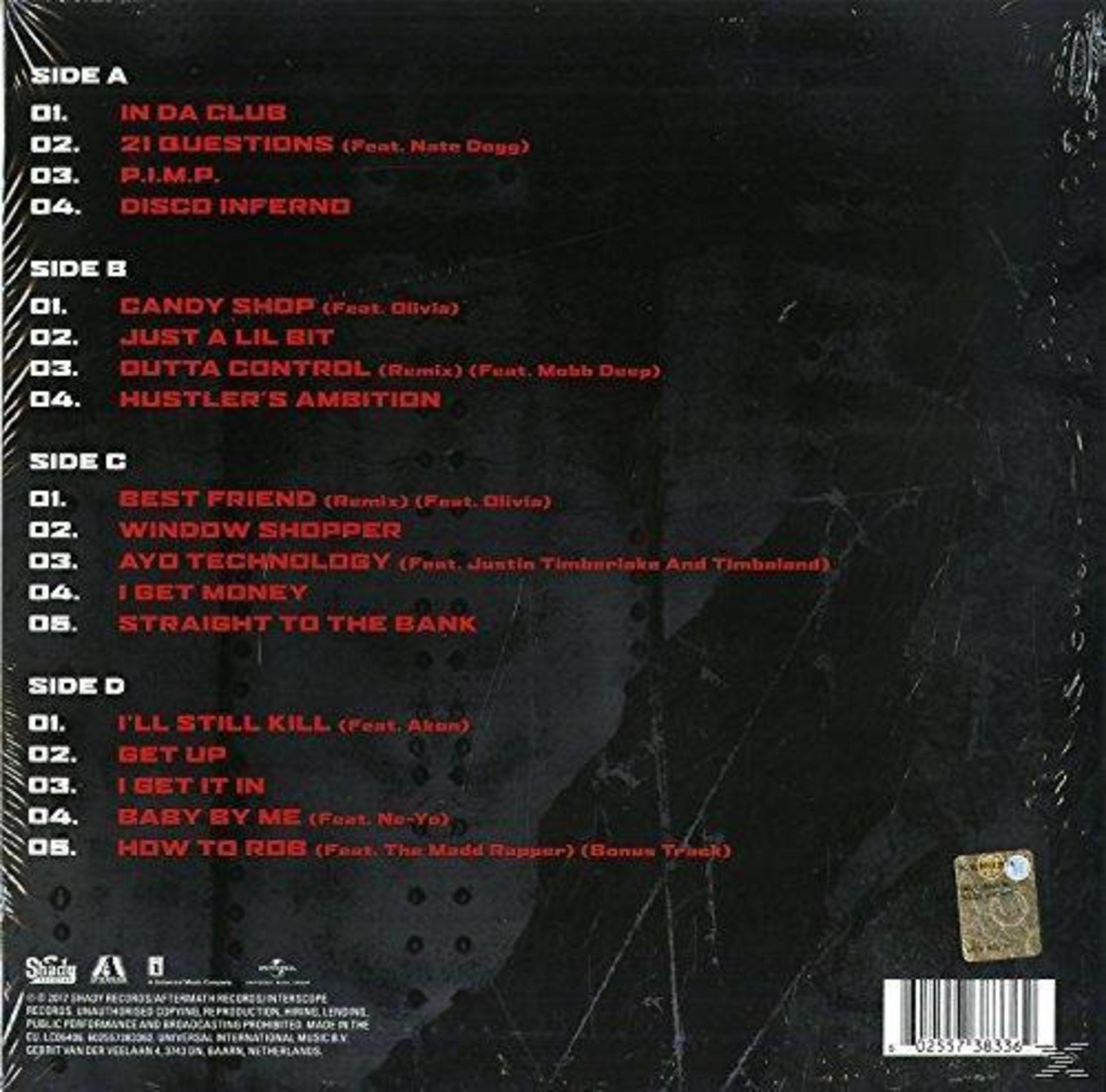 Dos de l'album avec liste des titres, côtés A, B, C et D, avec texte en noir.