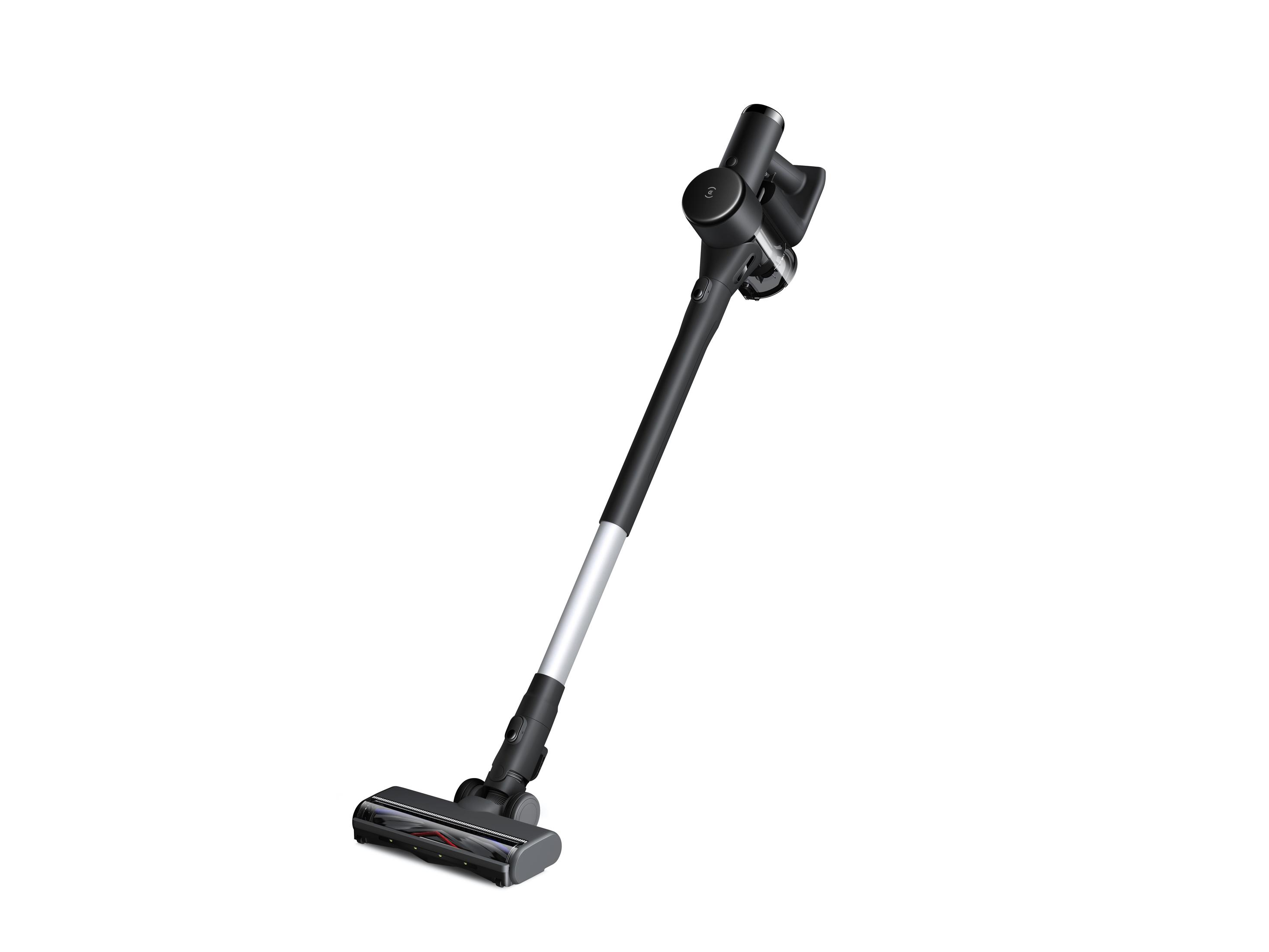 Czarny odkurzacz bezprzewodowy z długim uchwytem. Jest odizolowany na białym tle.