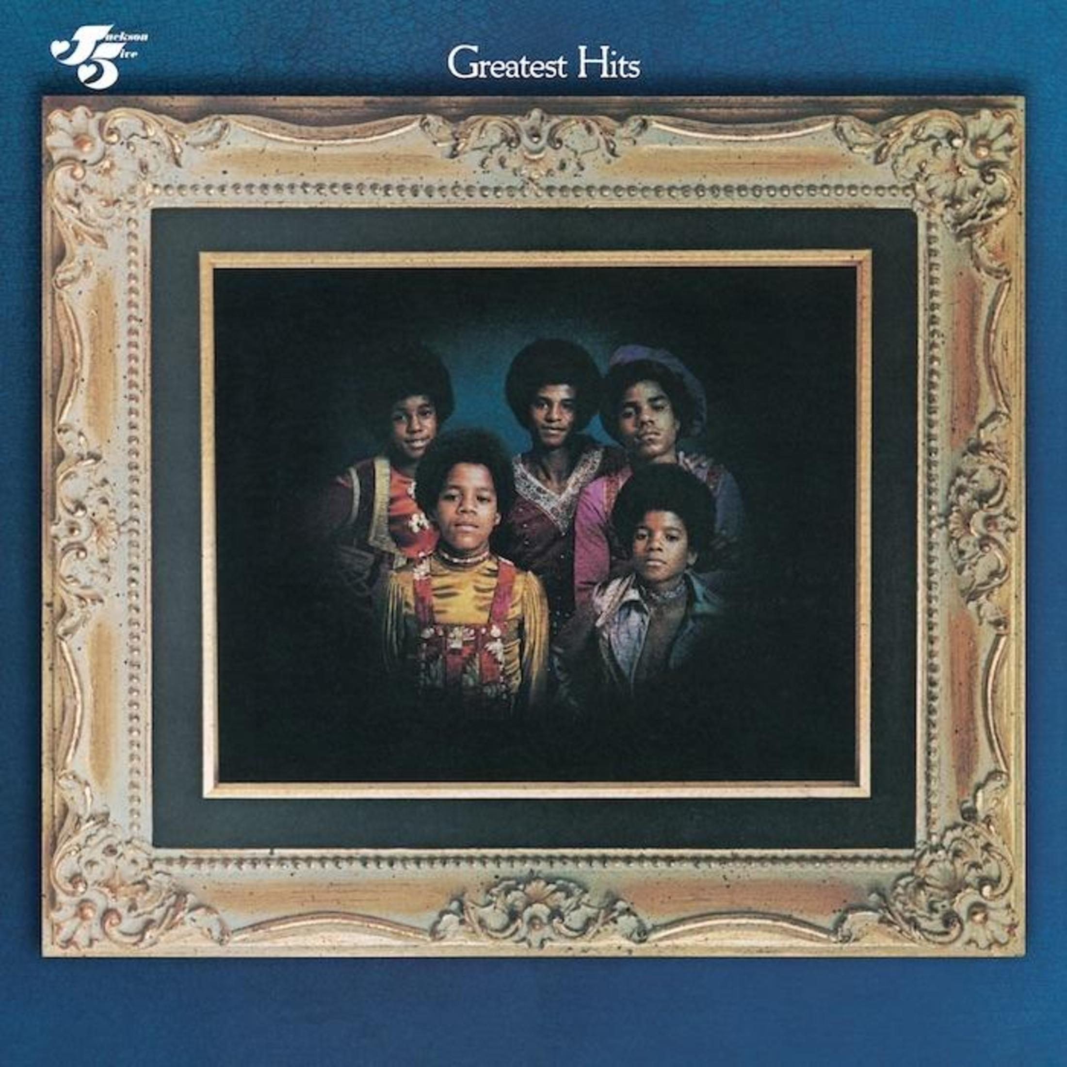 Albumhoes, een ingelijste foto van The Jackson 5. Vijf jonge mannen in een studiofoto.