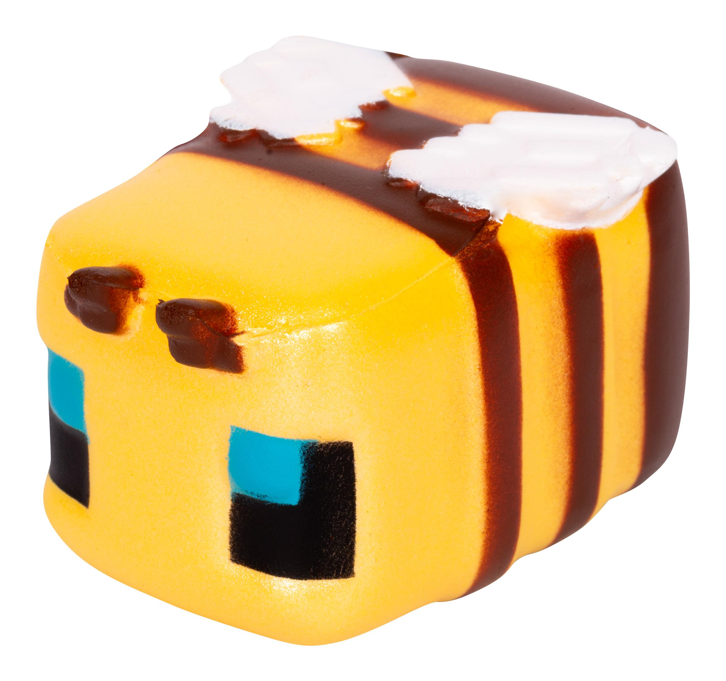 Un'ape giocattolo a forma di cubo con corpo giallo e strisce marroni. Ha occhi blu.