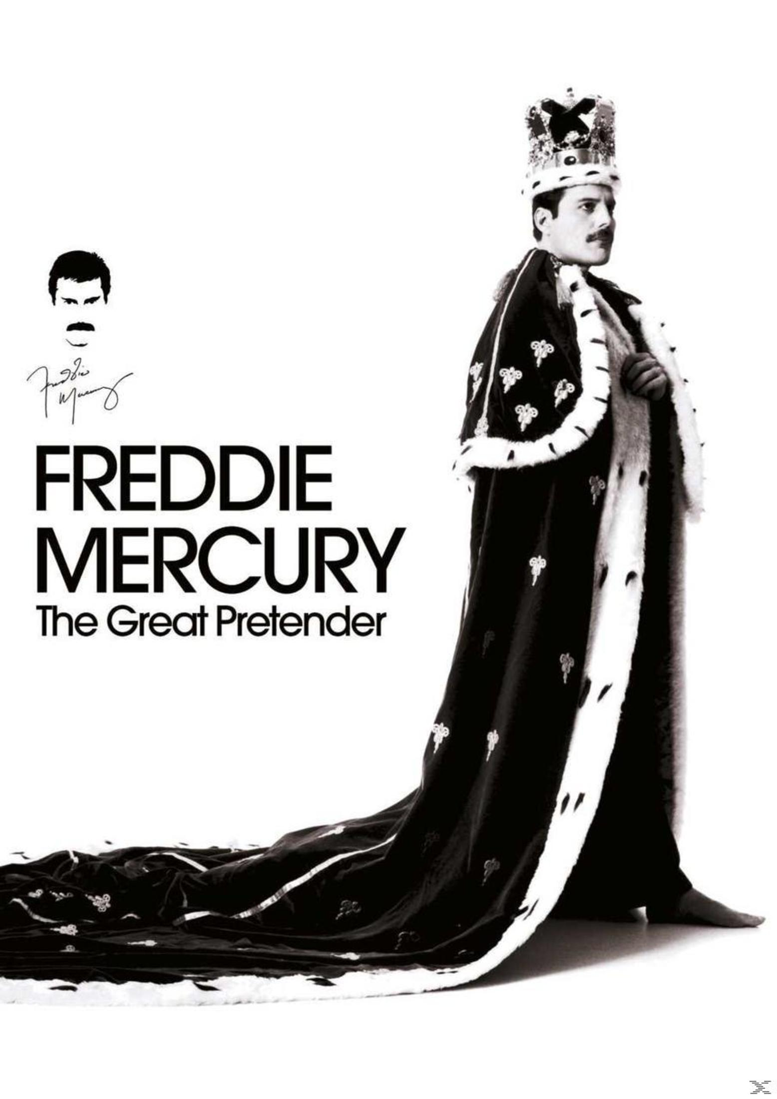 Freddie Mercury in een kroon en gewaad. Tekst: Freddie Mercury, The Great Pretender.