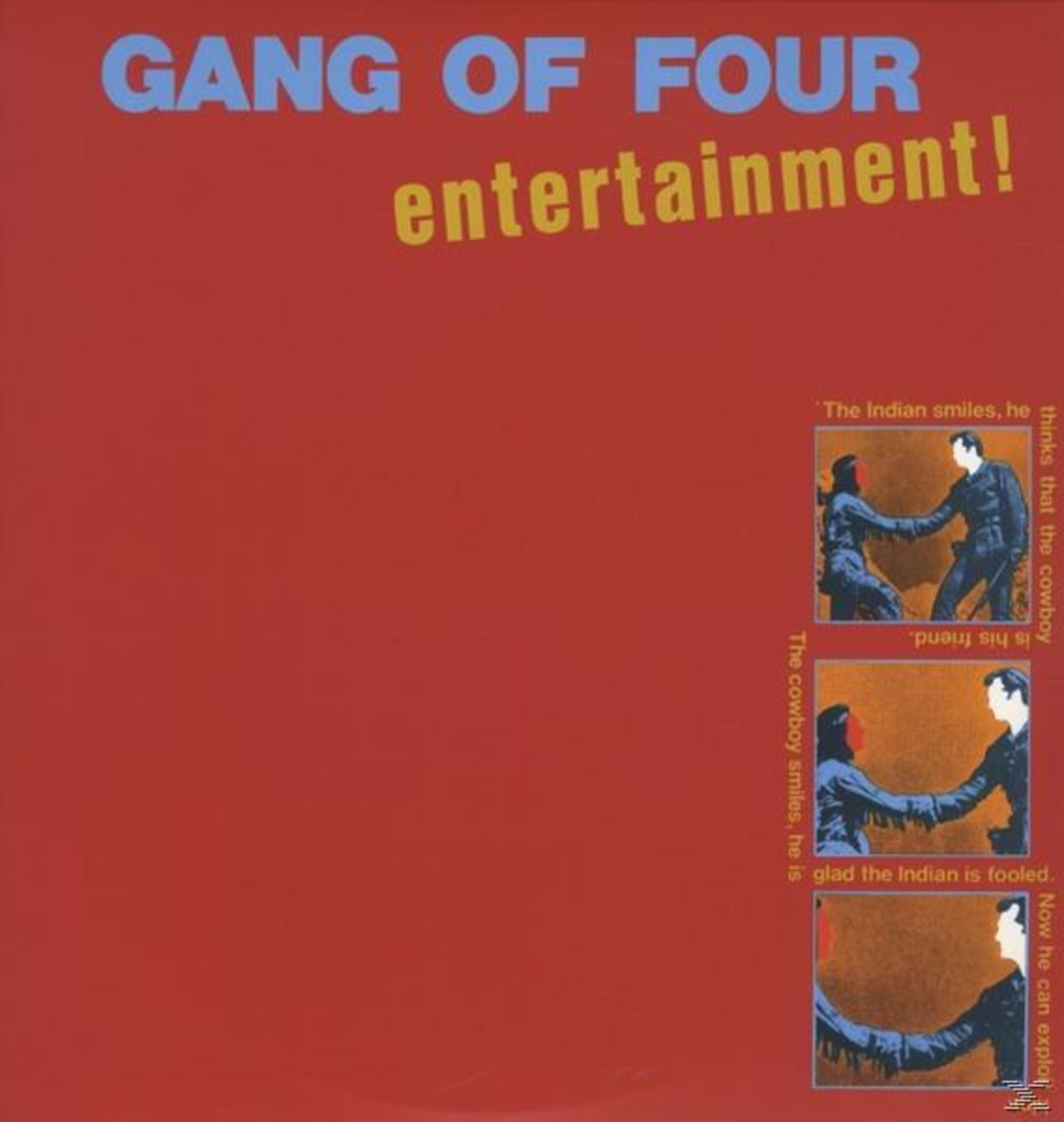 Albumhoes: Rode achtergrond, tekst GANG OF FOUR en afbeeldingen van twee handen schuddende mensen.