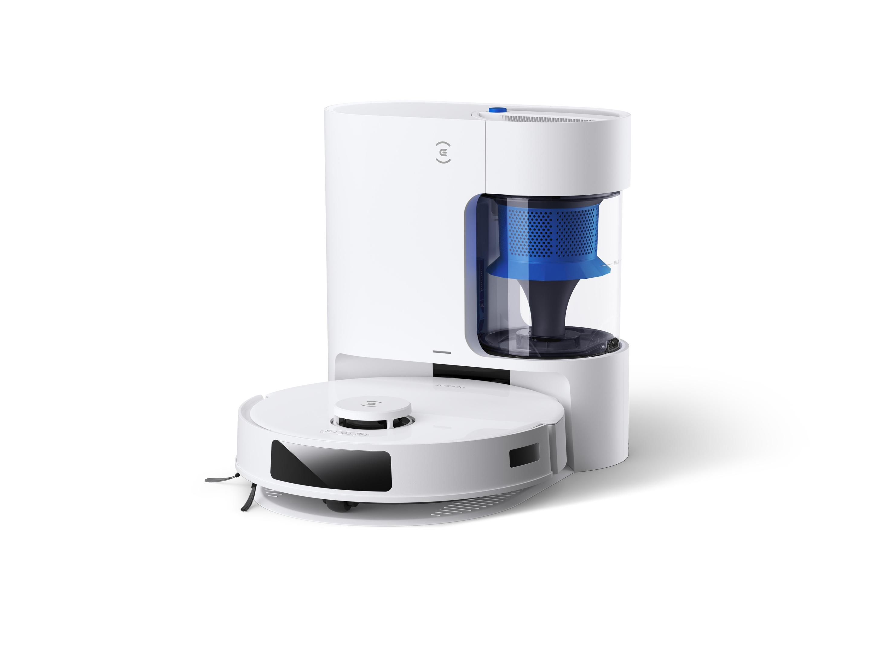 Biało-niebieski odkurzacz robot. Ma okrągłą podstawę i widoczny niebieski filtr.
