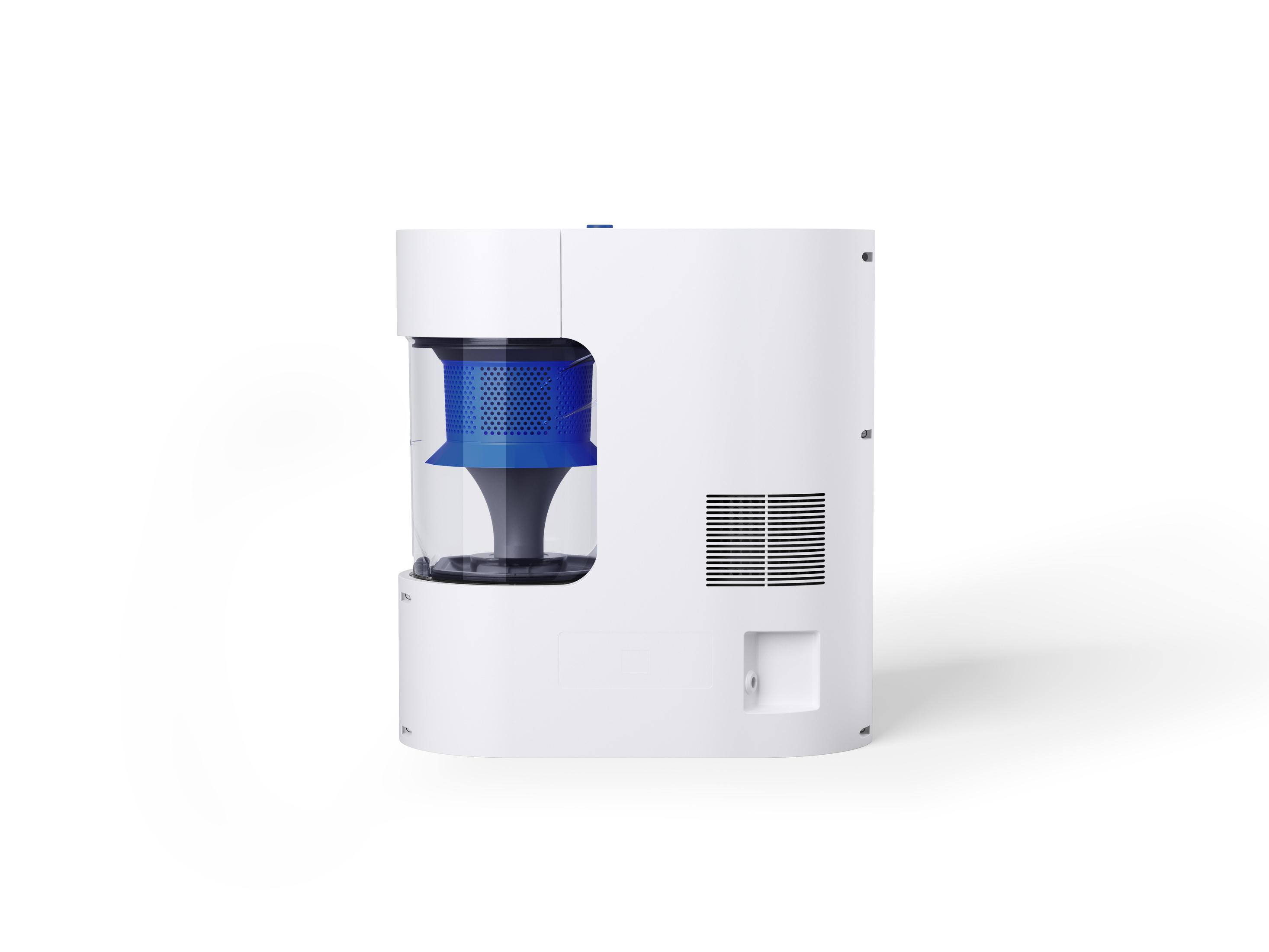 Biały odkurzacz z niebieskim filtrem i przezroczystym pojemnikiem.