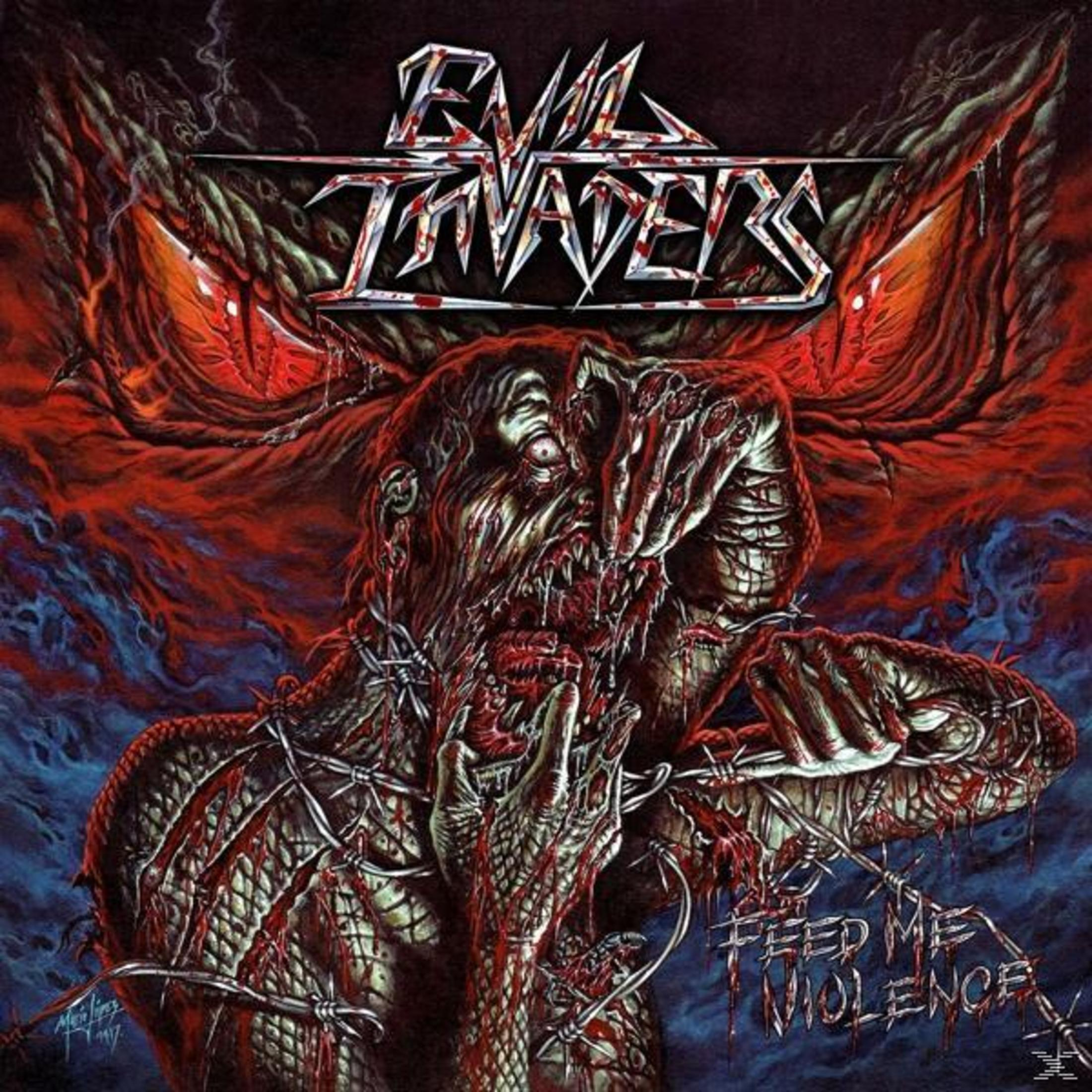 Pochette de l'album Evil Invaders : une figure sanglante.