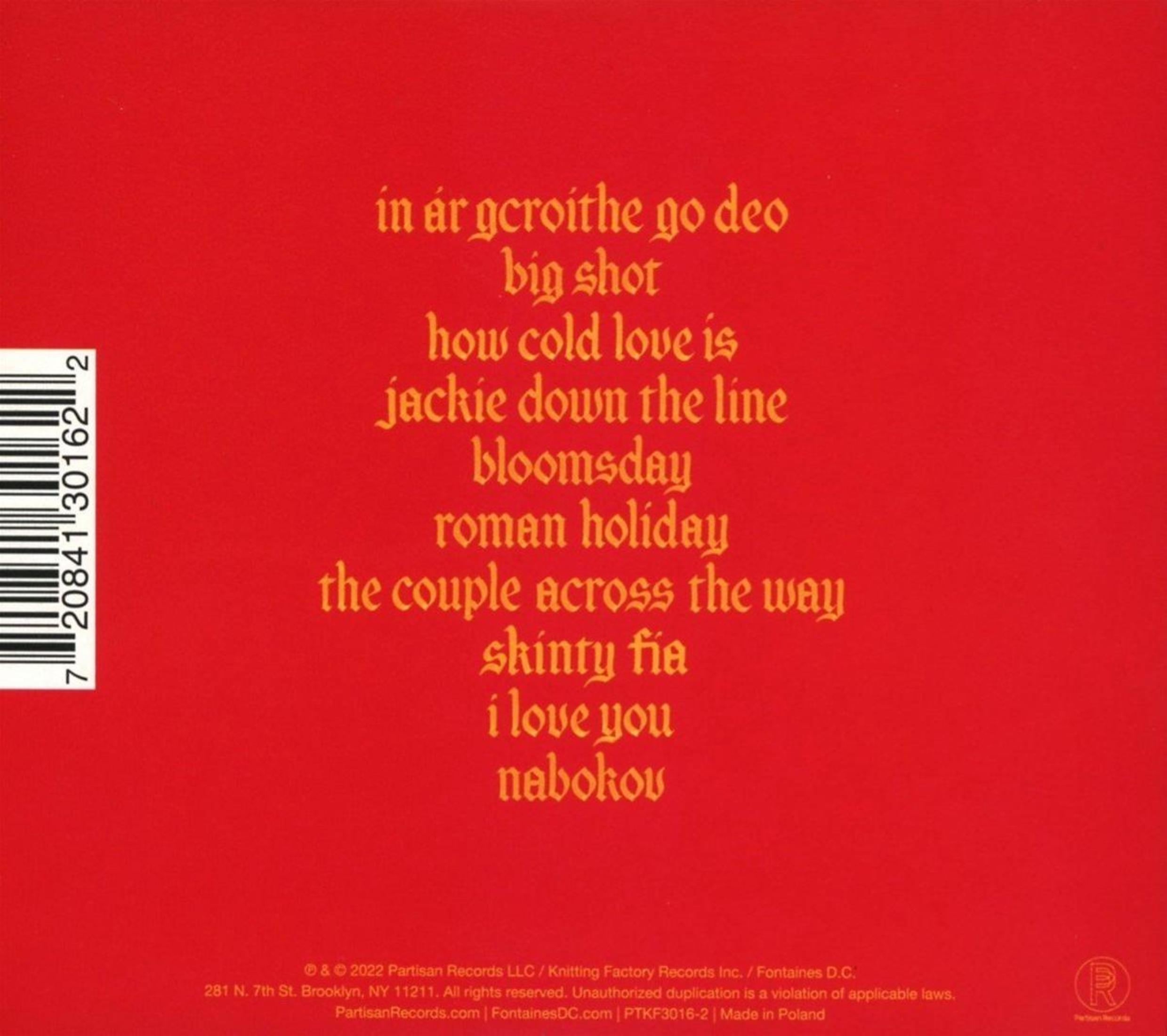 Sfondo rosso con testo bianco, copertina dell'album.