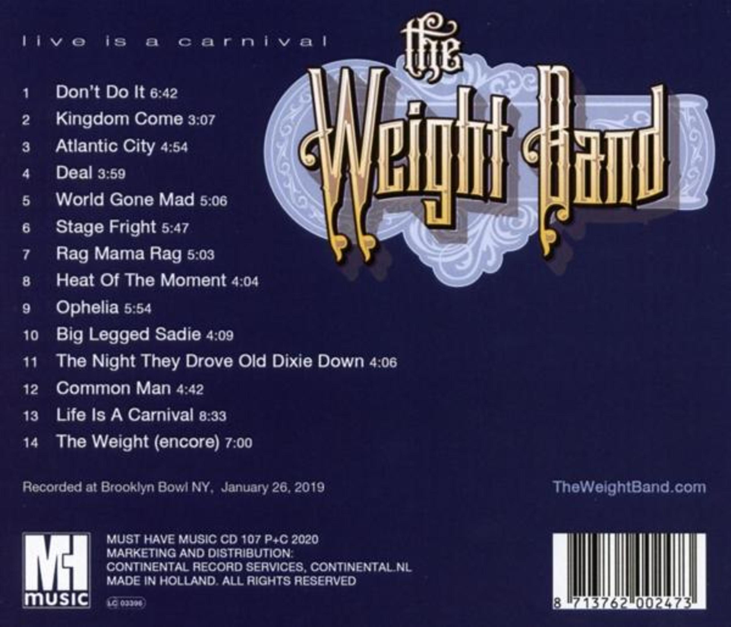 Le dos d'un boîtier de CD avec une liste des titres. Le texte est en anglais. Un logo du groupe est en haut.