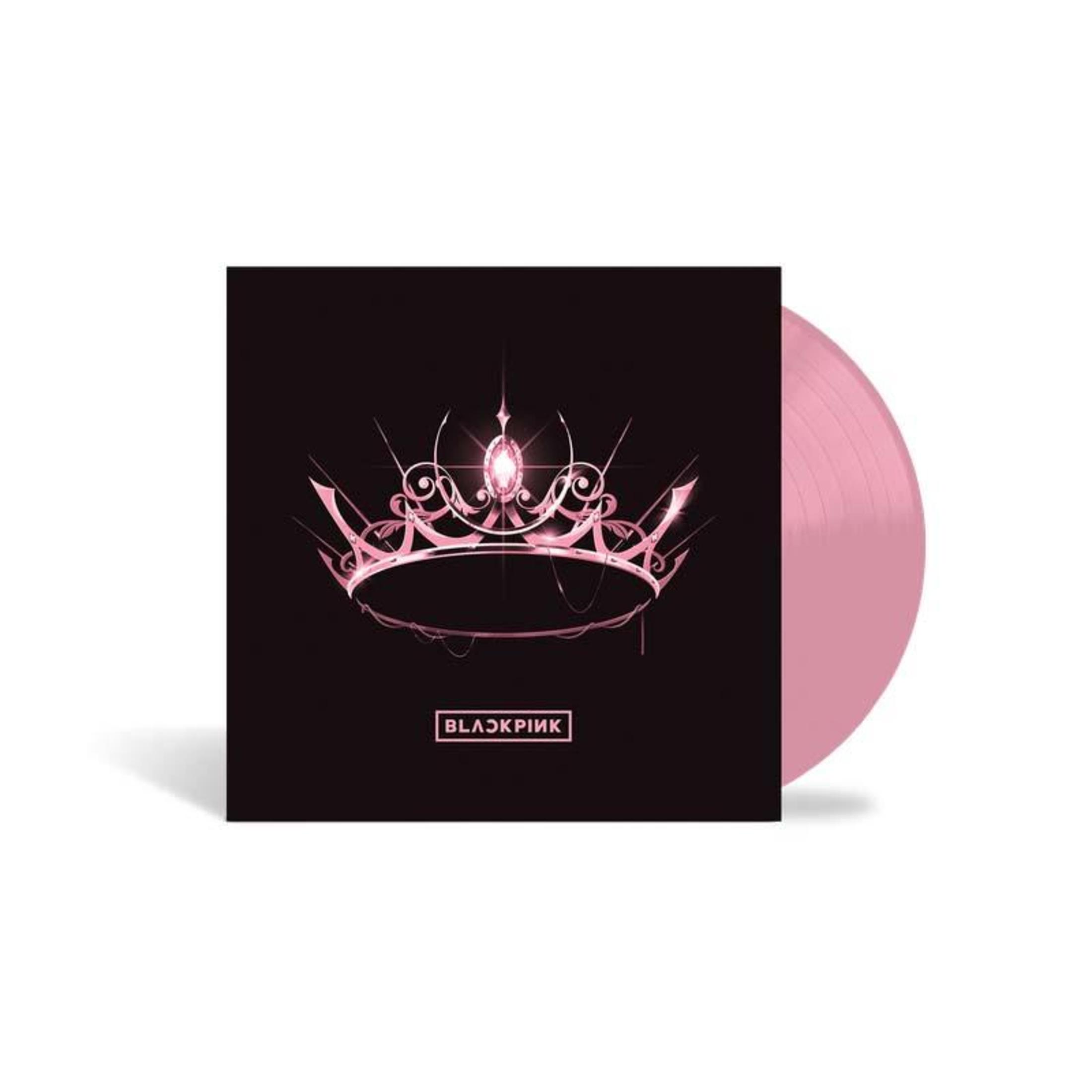 Pink crown logo on black album cover, pink vinyl record to the right. The band name BLACKPINK is at the bottom.