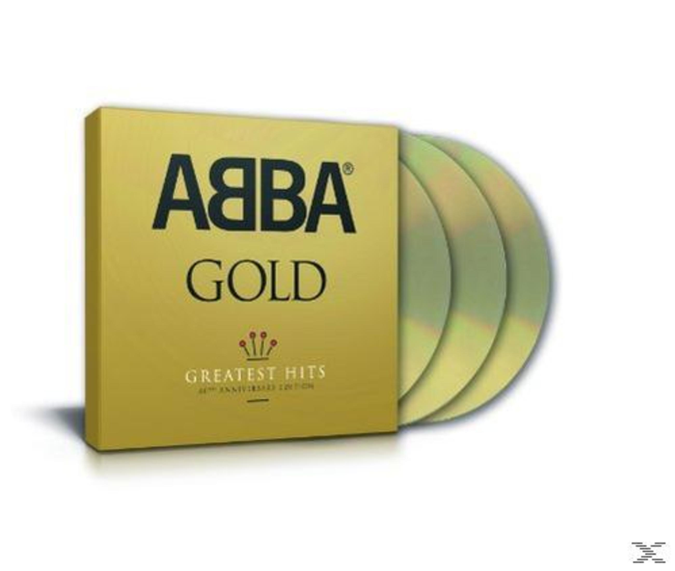 Coffret CD ABBA Gold. Boîte dorée avec le logo ABBA et trois CD.