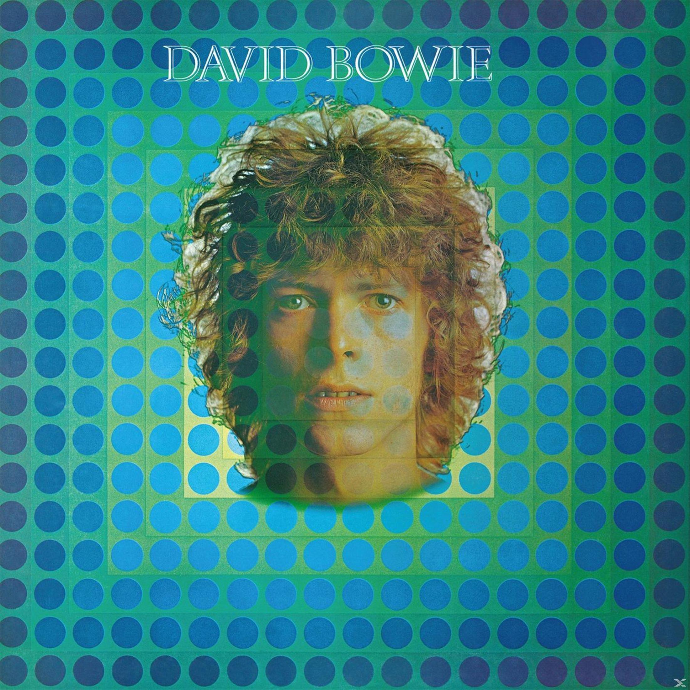 Pochette de l'album de David Bowie. Gros plan sur fond bleu et vert, avec le nom David Bowie en haut.
