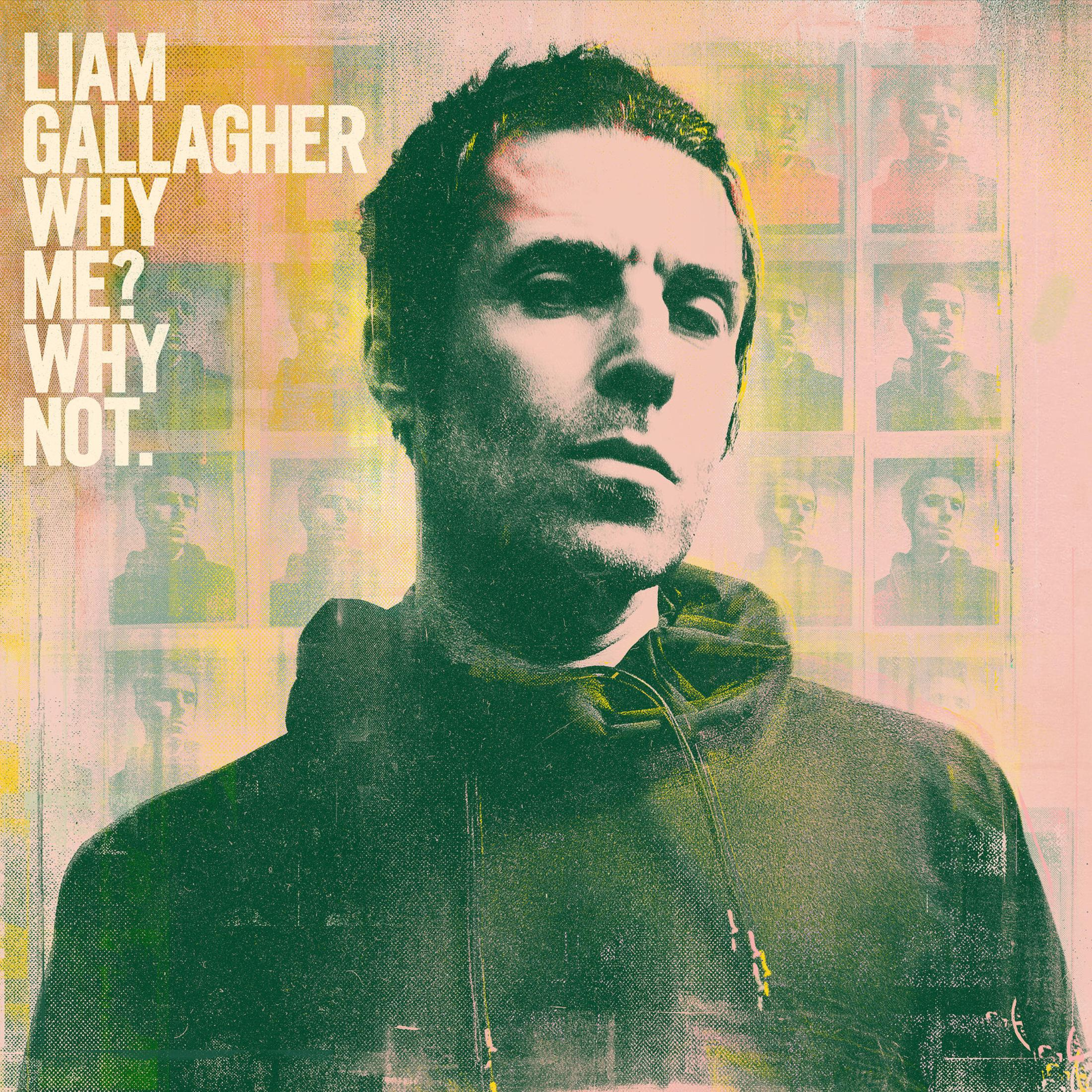 Copertina dell'album: Faccia di Liam Gallagher, testo: Liam Gallagher, Why Me? Why Not. e foto.