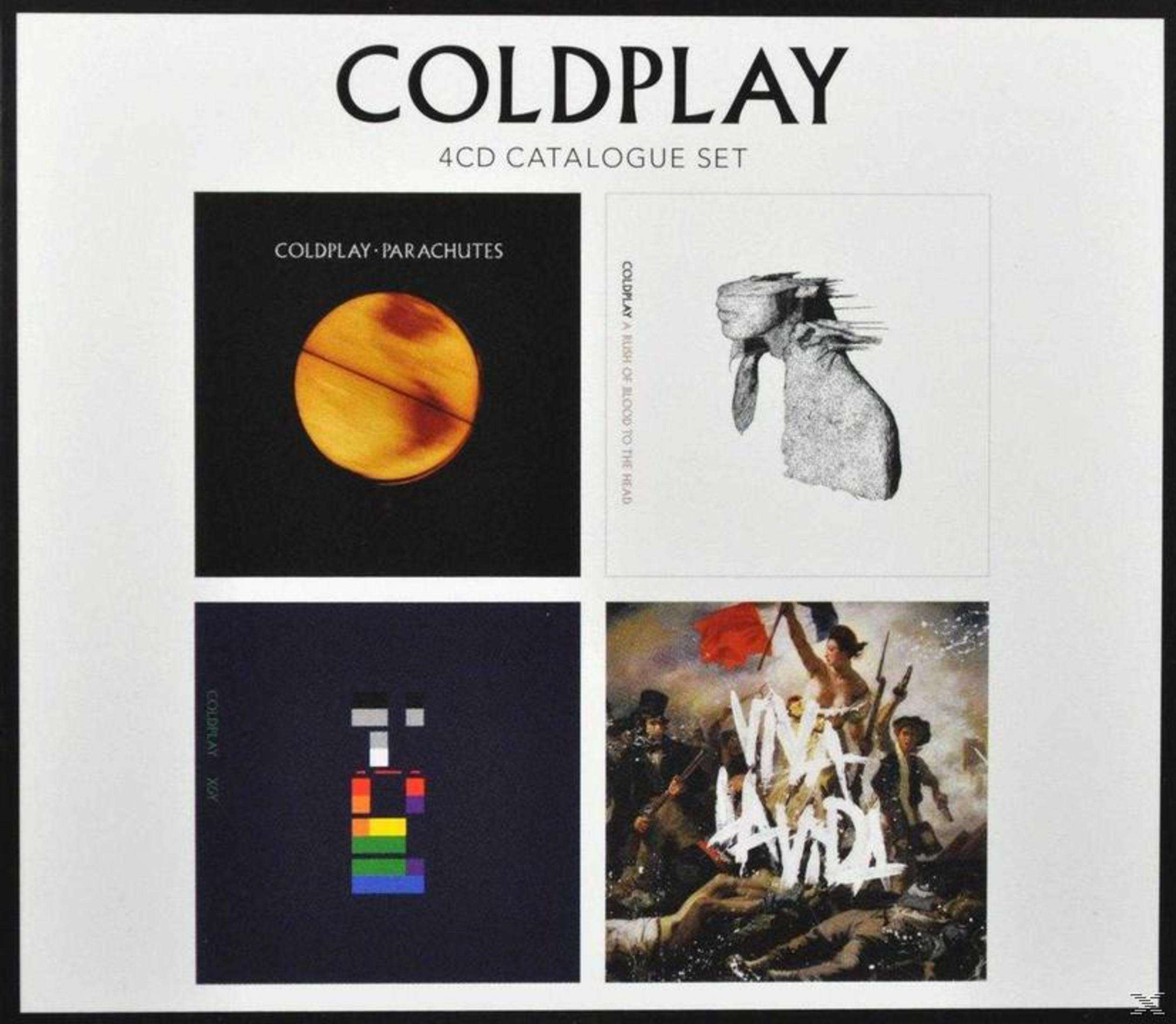Set di album Coldplay con quattro copertine in una cornice. Ogni copertina mostra opere e titoli diversi.