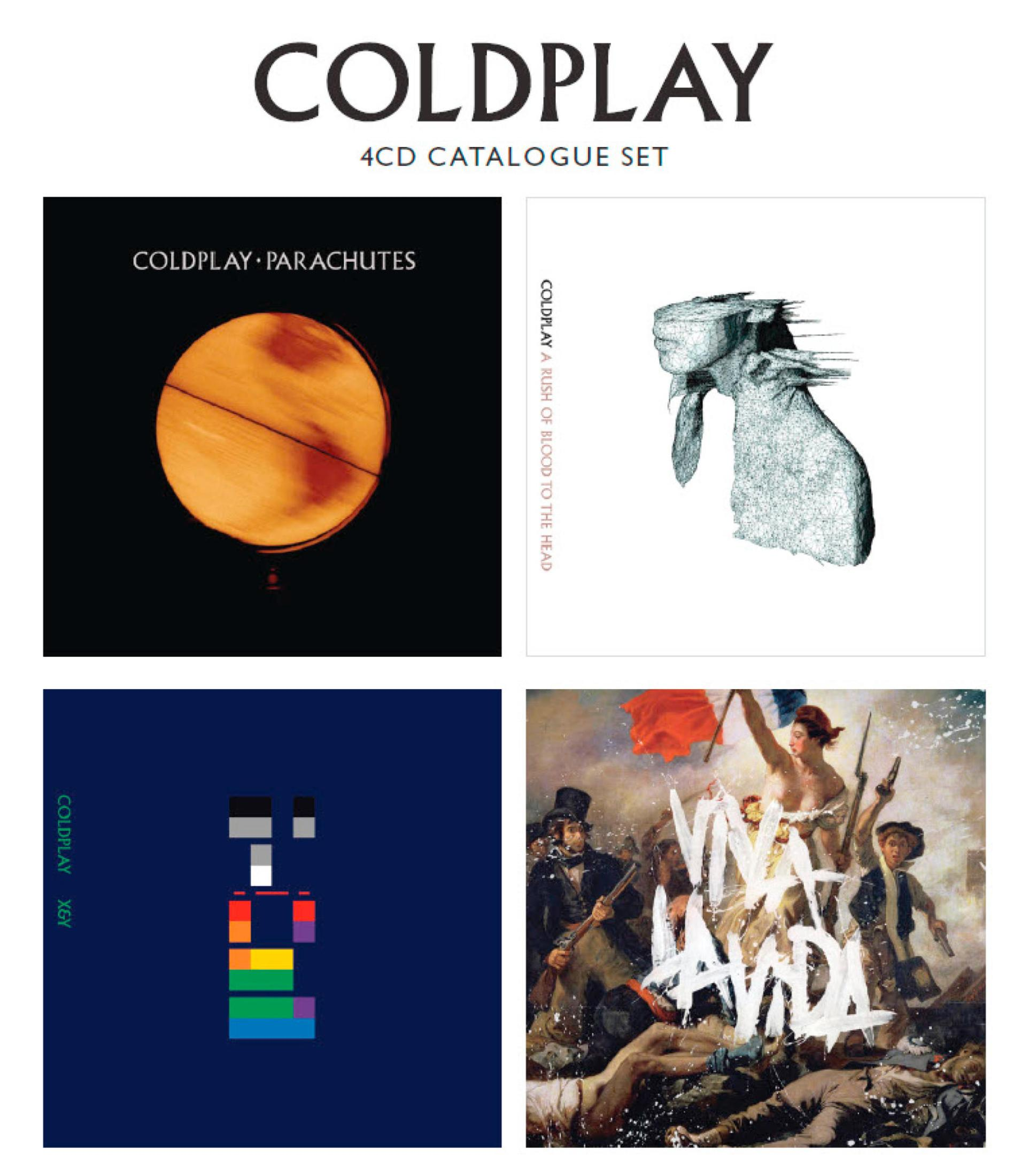 Set di album Coldplay: Parachutes, A Rush of Blood, X&Y e Viva La Vida. Vengono mostrate le copertine.