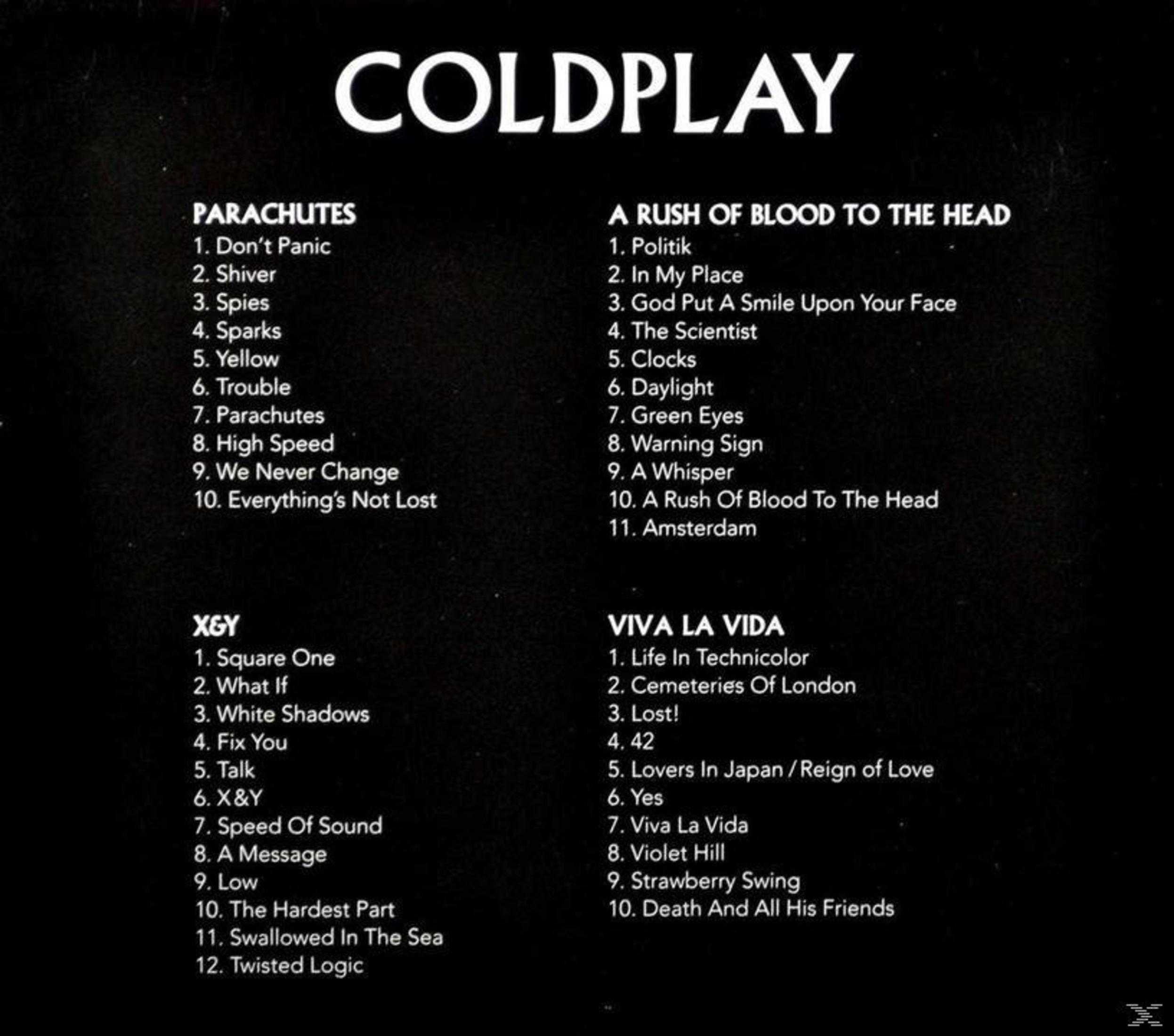 Copertina dell'album dei Coldplay, elenchi di canzoni da vari album. Parachutes, A Rush of Blood, X&Y, Viva La Vida.