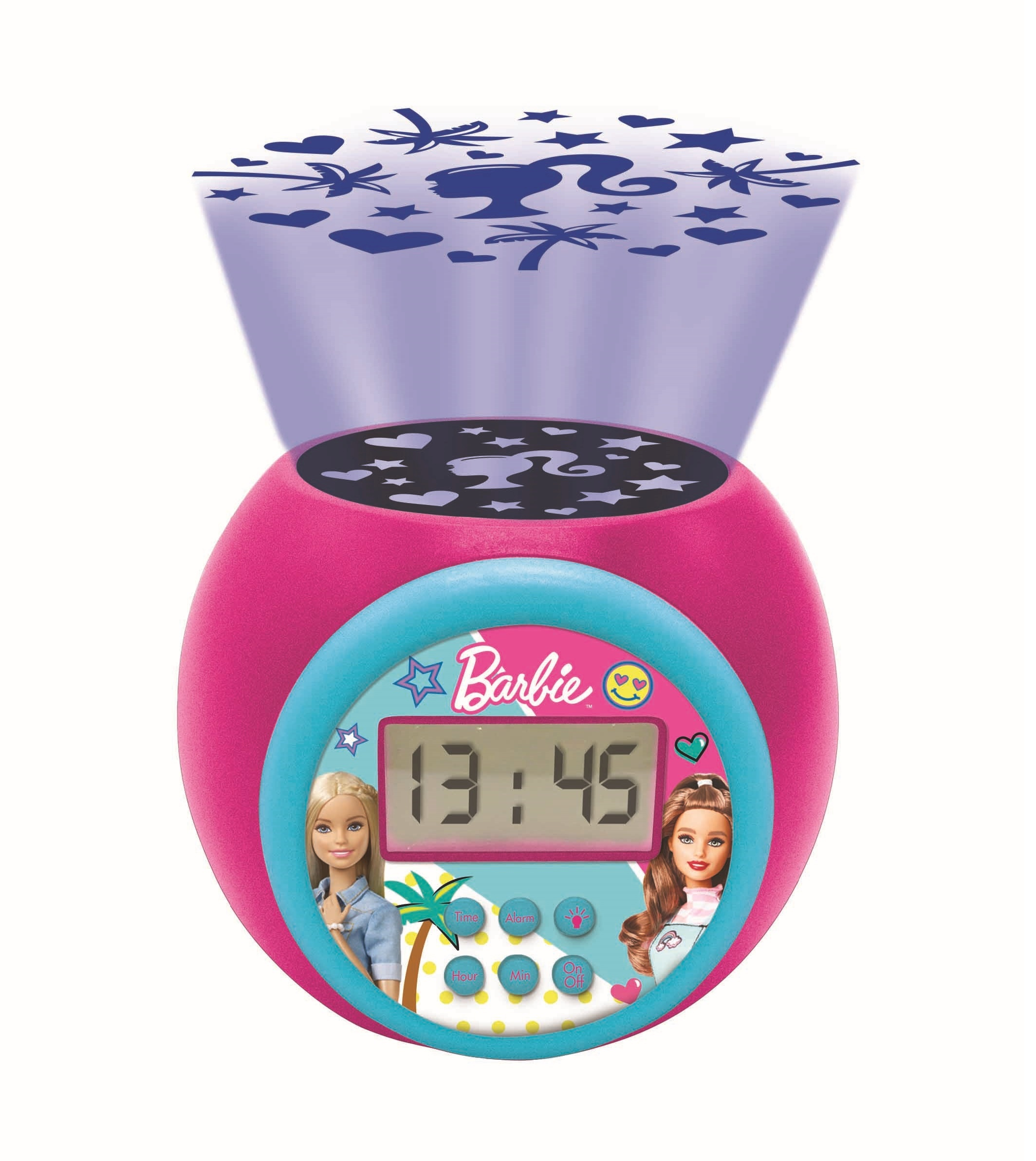 Un despertador Barbie rosa. Proyecta estrellas, muestra la hora, tiene botones e imágenes de Barbie.