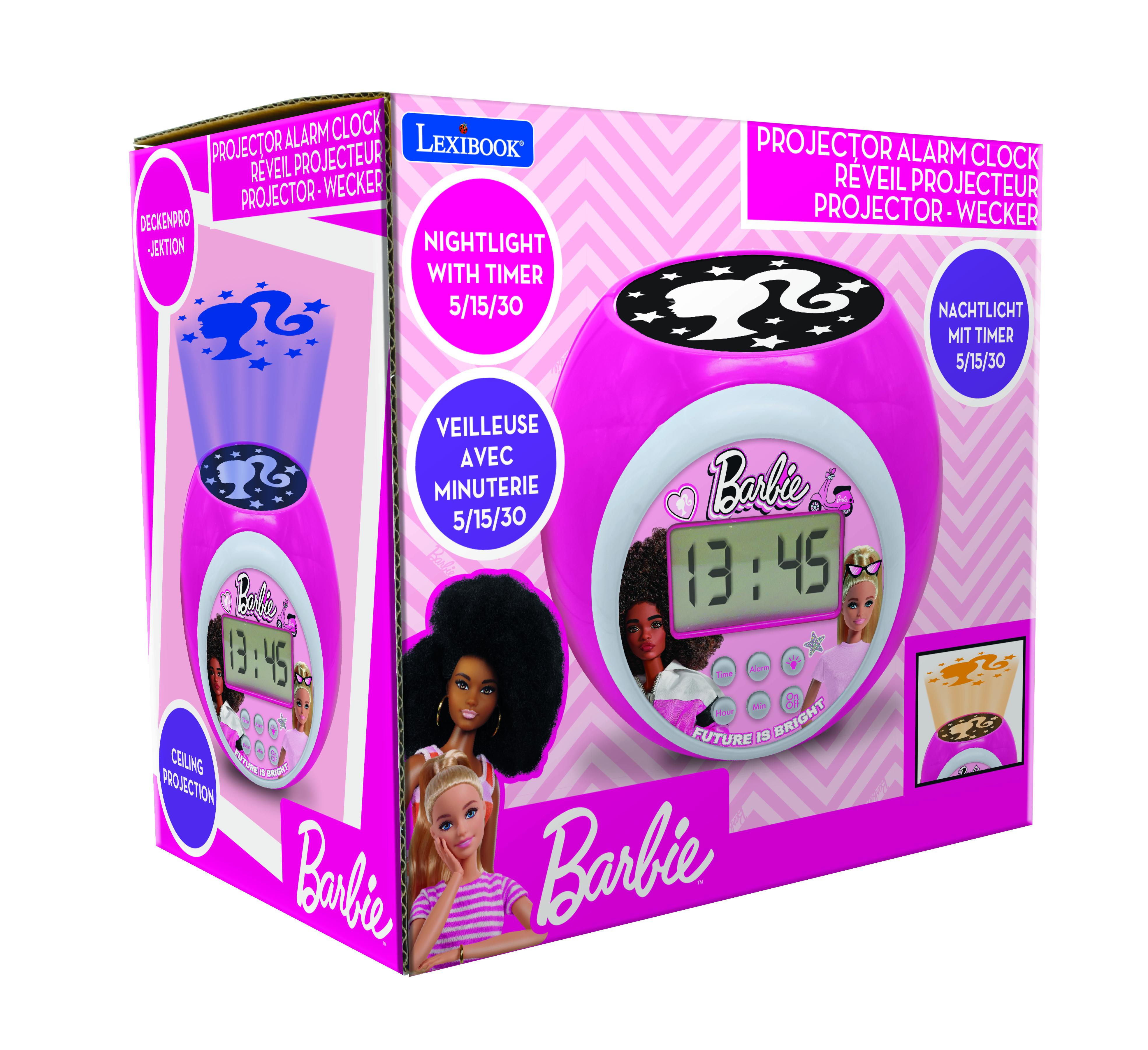 Despertador Barbie en caja rosa con pantalla digital. Incluye luz nocturna y proyector de techo.