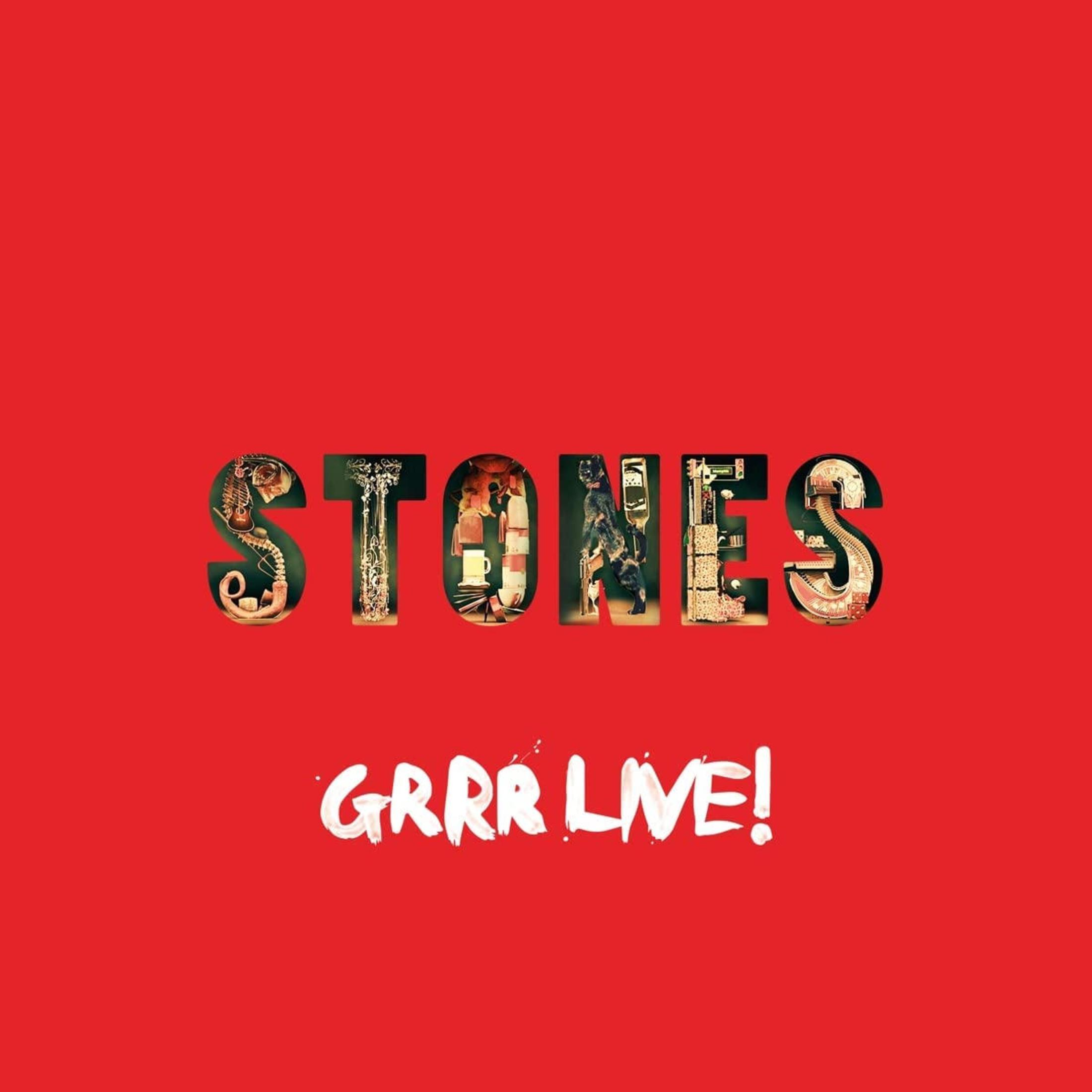 Portada del álbum: Texto: Stones, Grrr Live!, sobre un fondo rojo, con varias imágenes.