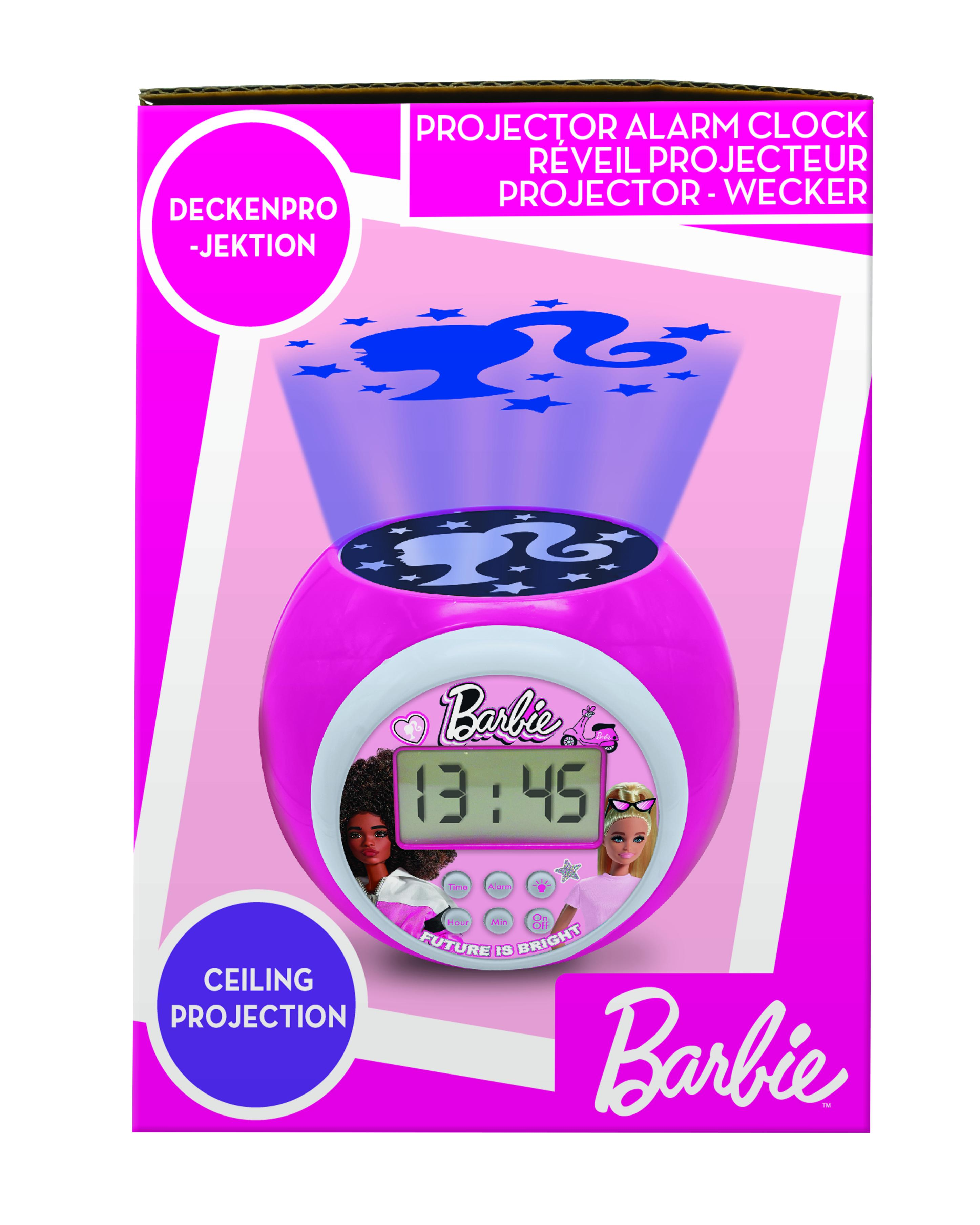 Despertador Barbie, rosa con proyección, presenta a Barbie y una pantalla digital.