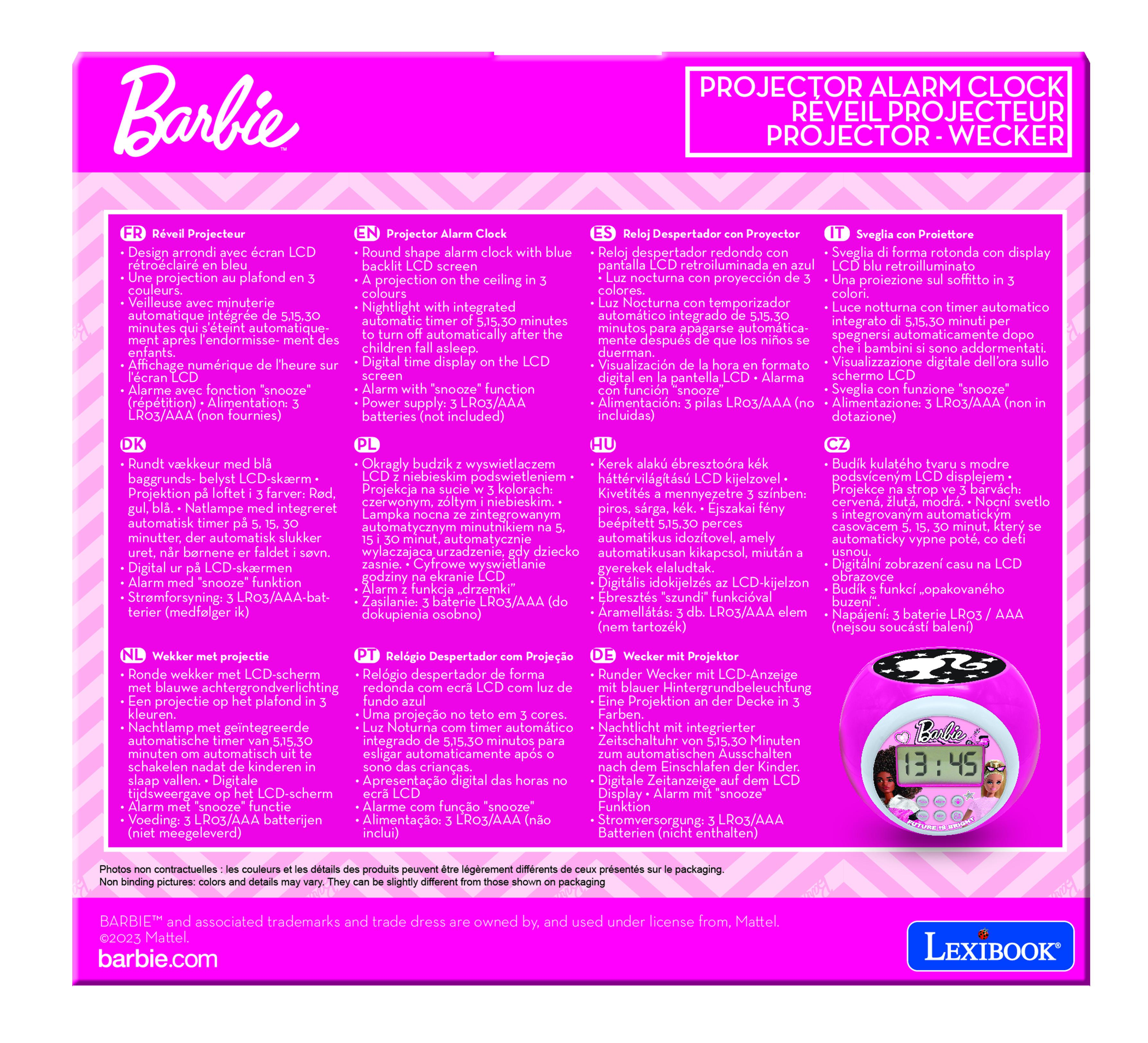 Despertador de Barbie. Tiene una esfera redonda con una esfera de reloj rosa y el logotipo de Barbie.