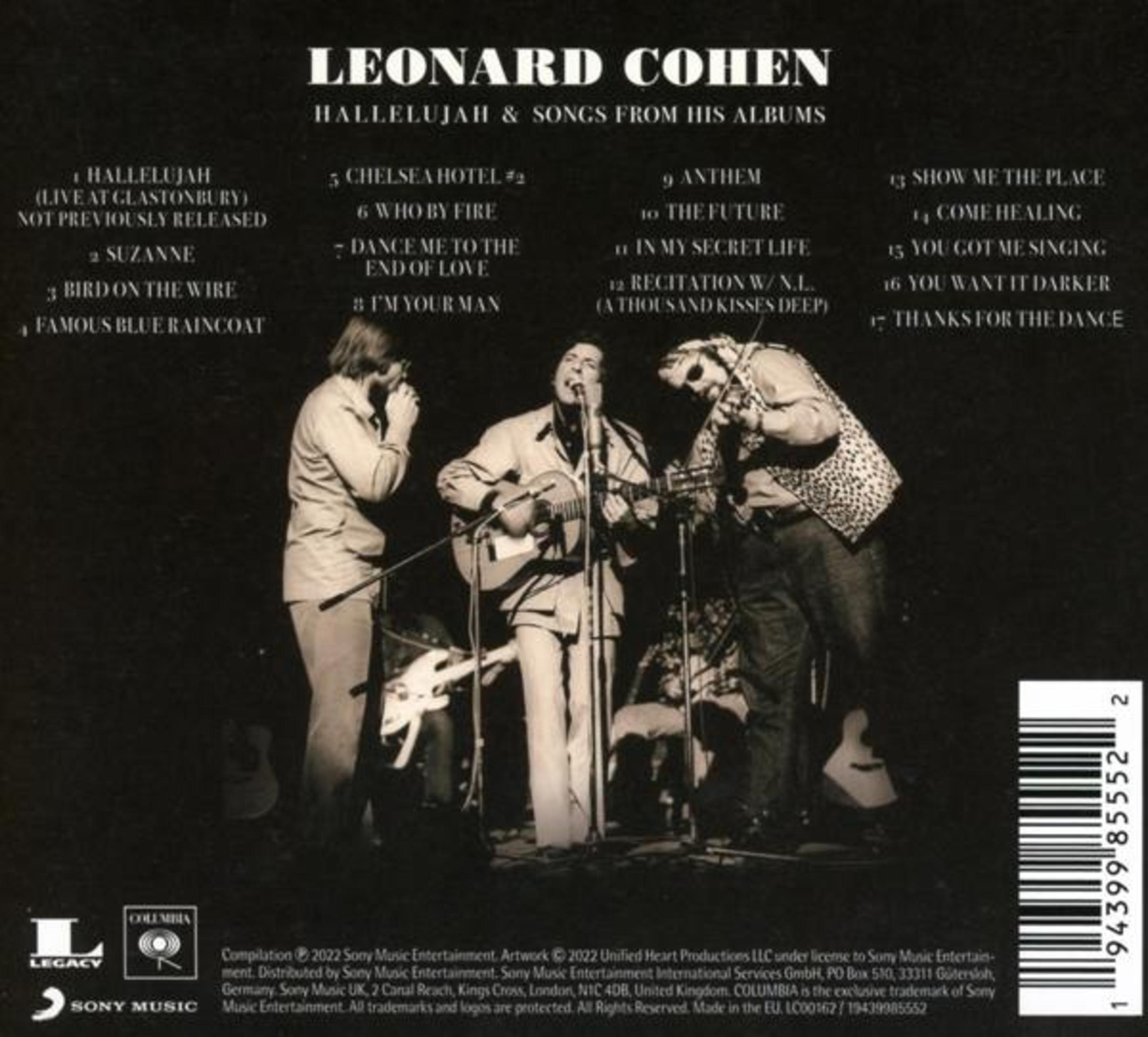 Leonard Cohen CD-Rückseite mit Tracklist und drei Musikern auf der Bühne.