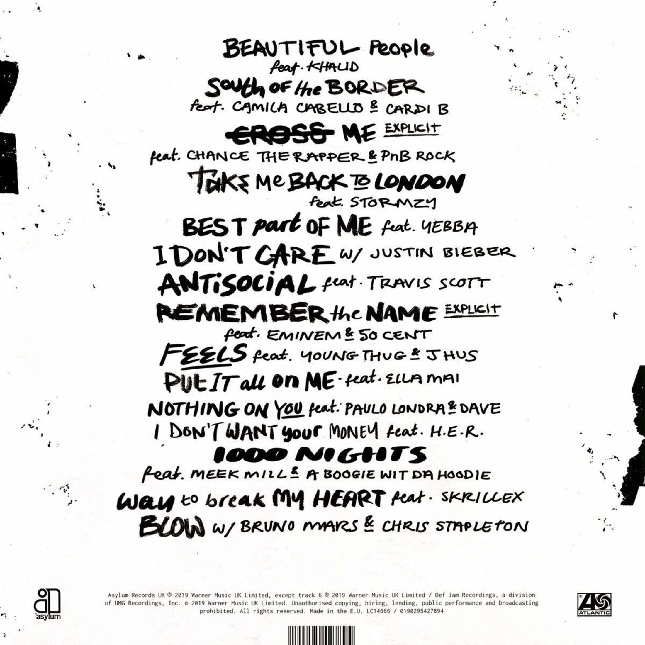 Albumhoes met songtitels en artiestennamen, zwart-wit met wat kleur.
