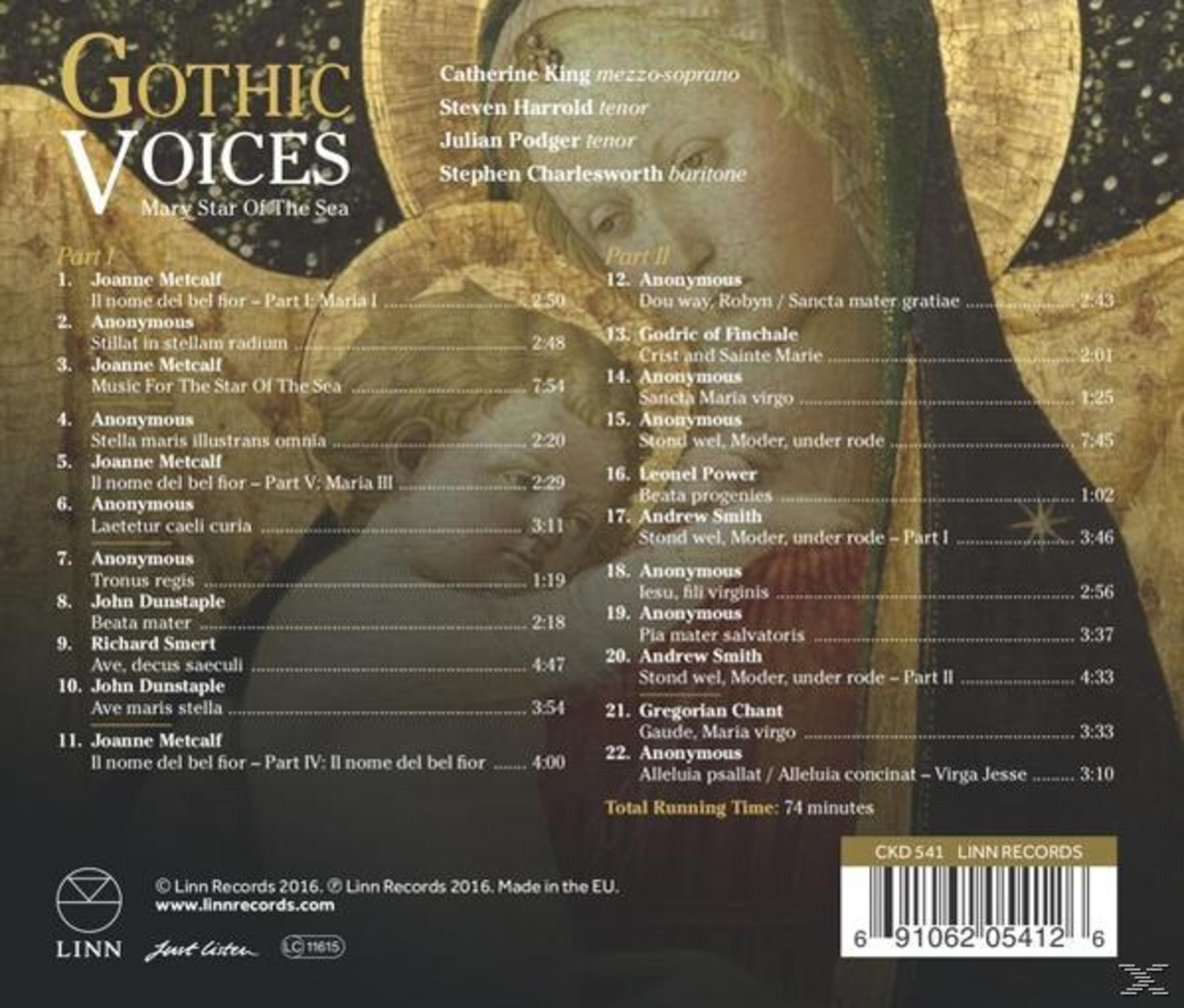 Albumhoes met tekst, Gothic Voices. Bevat artwork, titels en credits.
