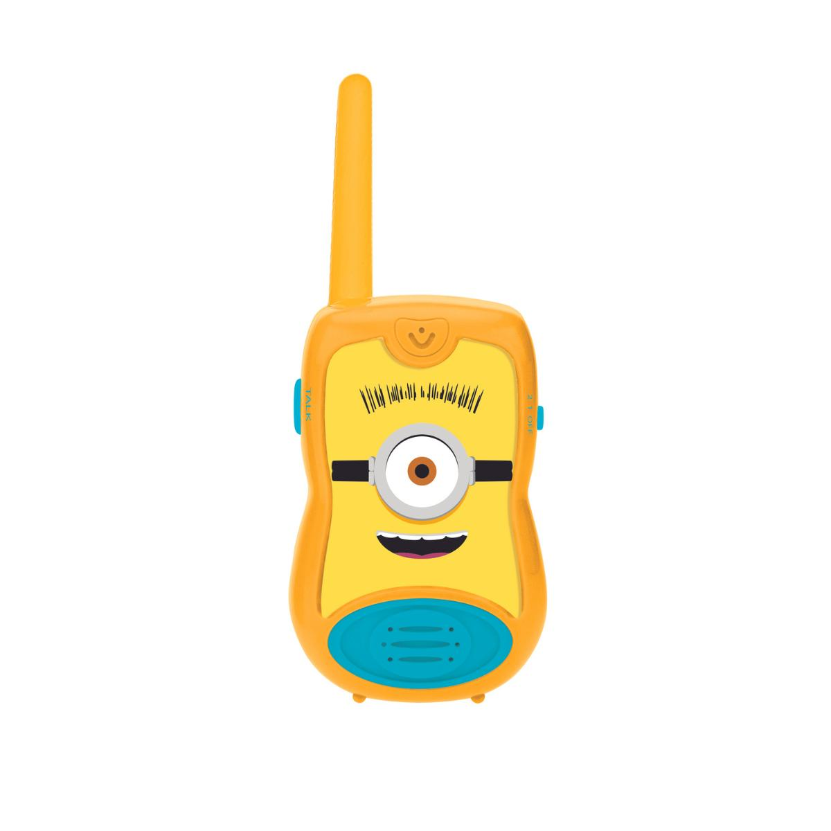 Un jouet talkie-walkie Minion jaune et bleu avec une antenne et un visage souriant.