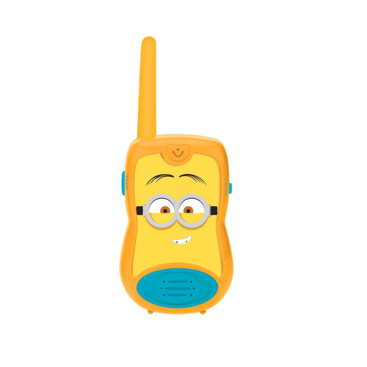 Un jouet talkie-walkie Minion jaune et bleu avec une antenne et deux yeux.