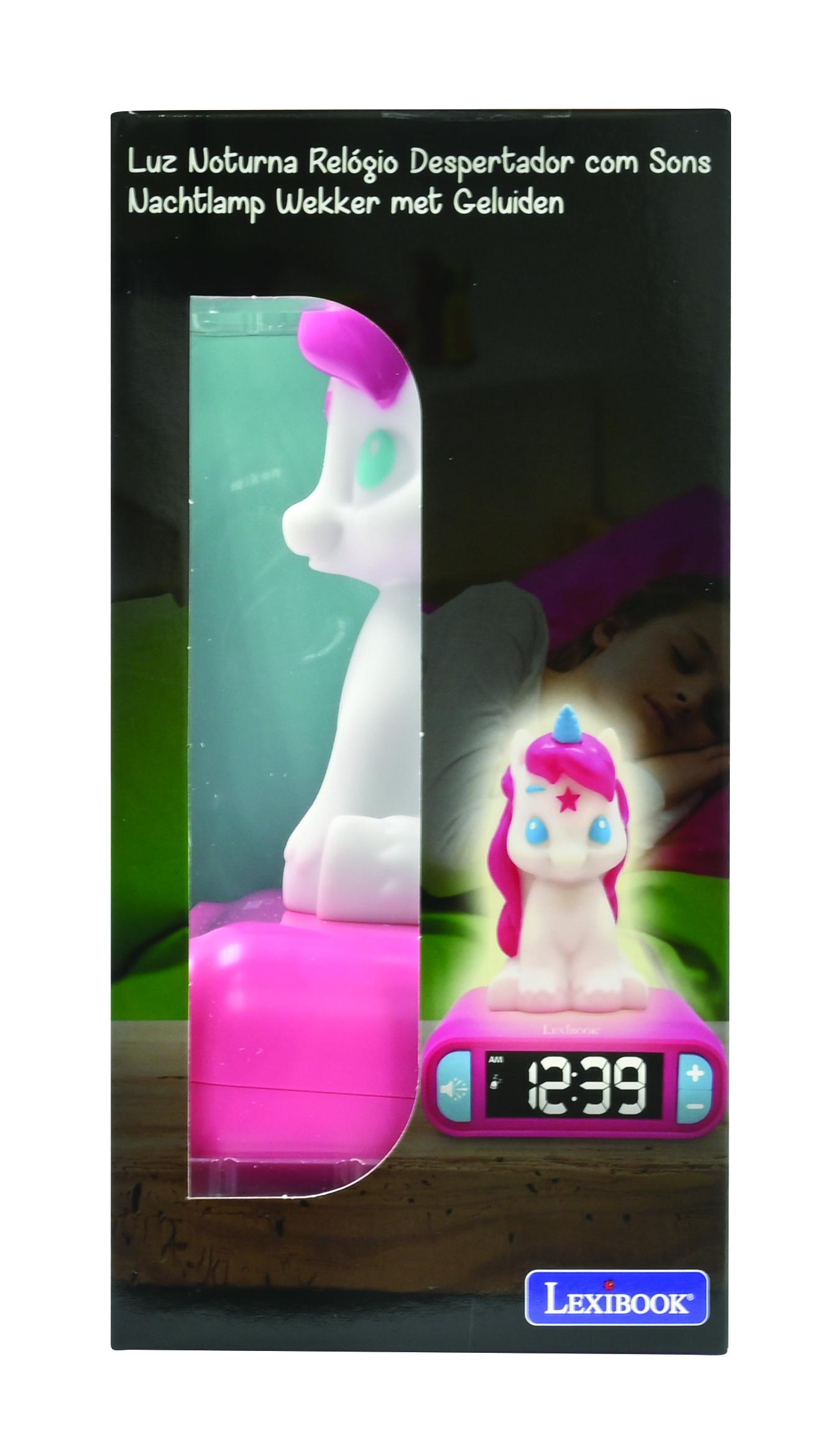 Combinazione luce notturna e sveglia unicorno, in scatola, con immagine di bambino dietro.