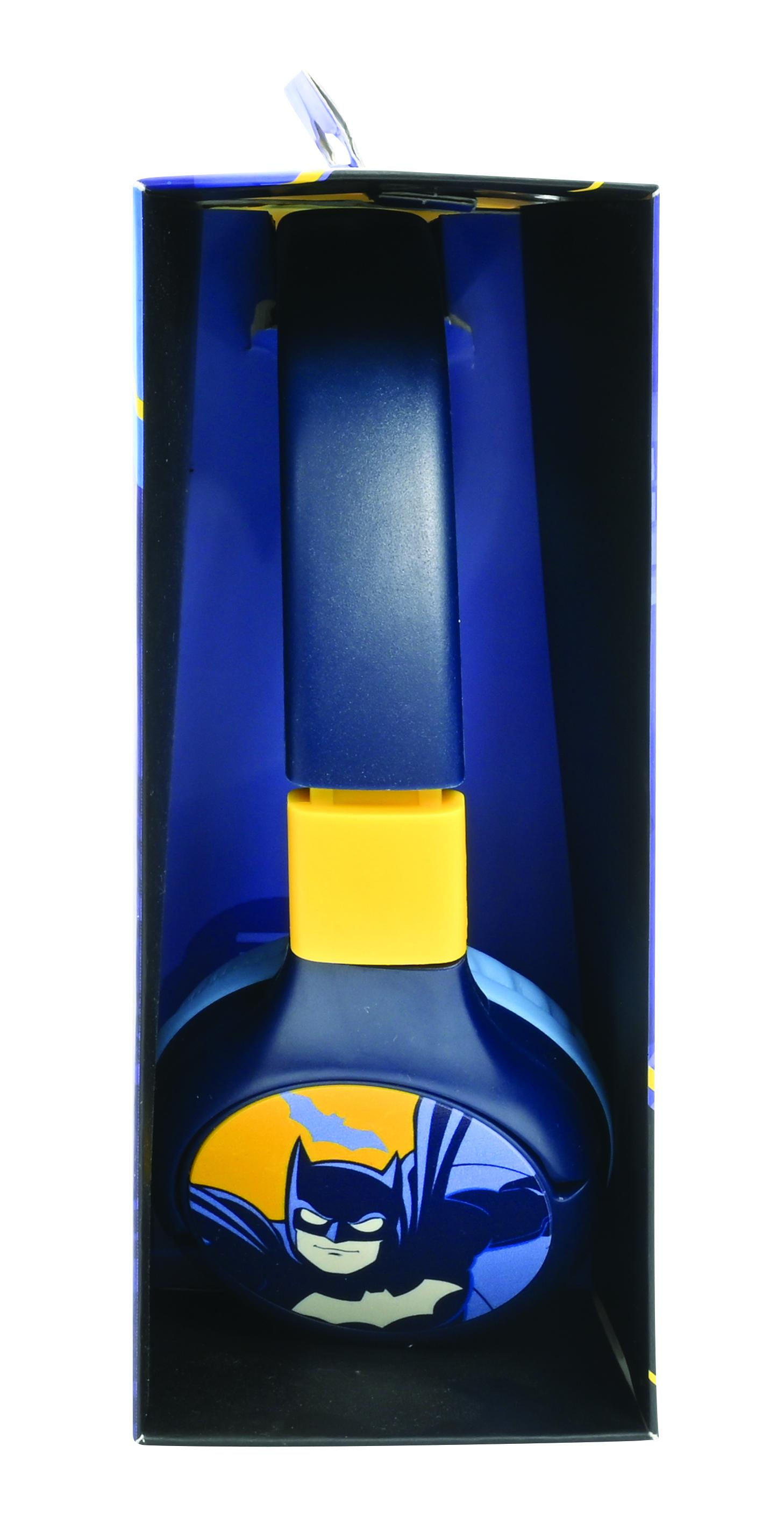 Cuffie di Batman in una scatola con una combinazione di colori blu scuro e giallo.